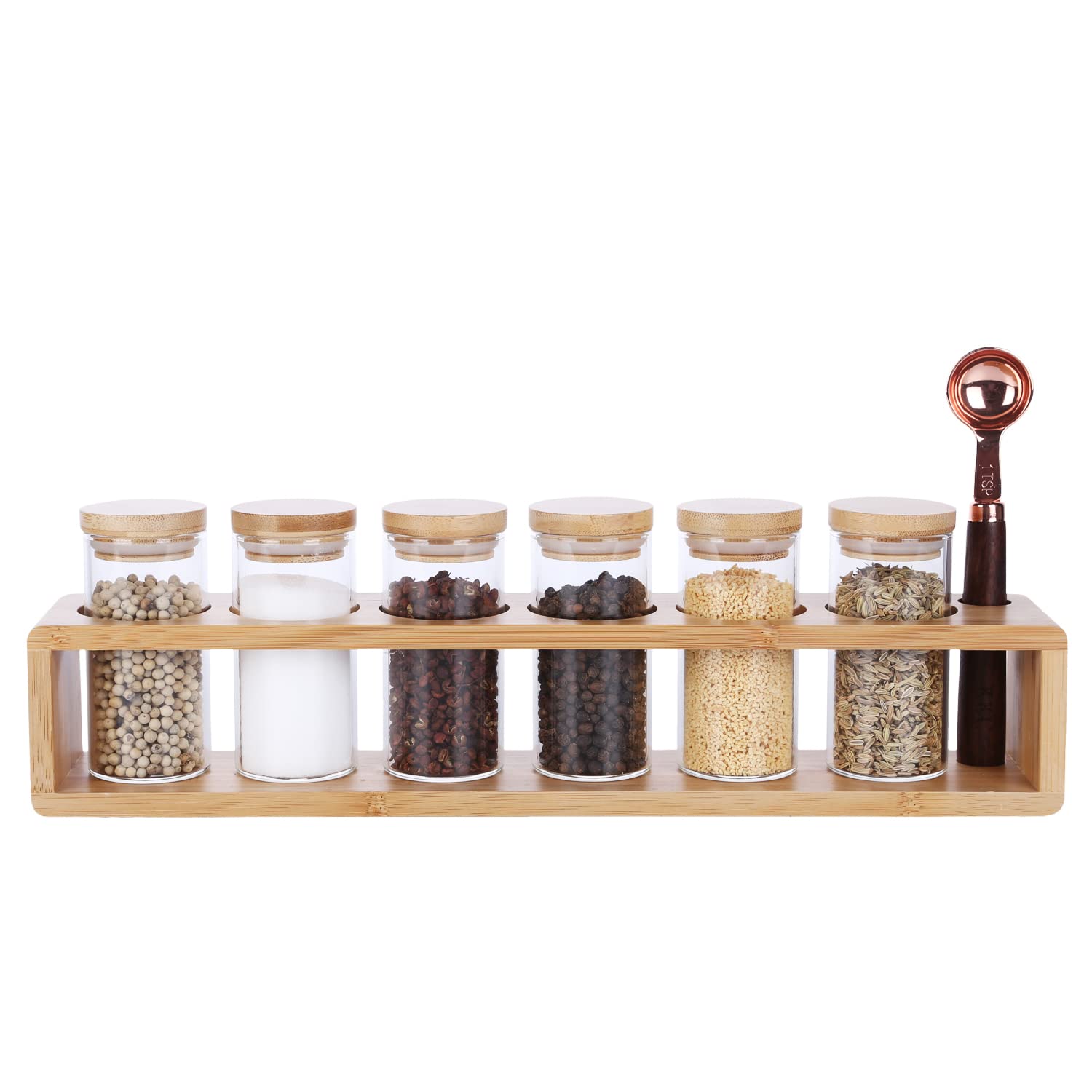 KKC HOME ACCENTS 6-Piece Glass Spice Jars Set with Bamboo Lids, Wooden Rack & Measuring Spoon - 3.4oz Airtight Kitchen Spice Containers for Countertop Organization | Perfect for Cooking, Baking & Pantry Storage