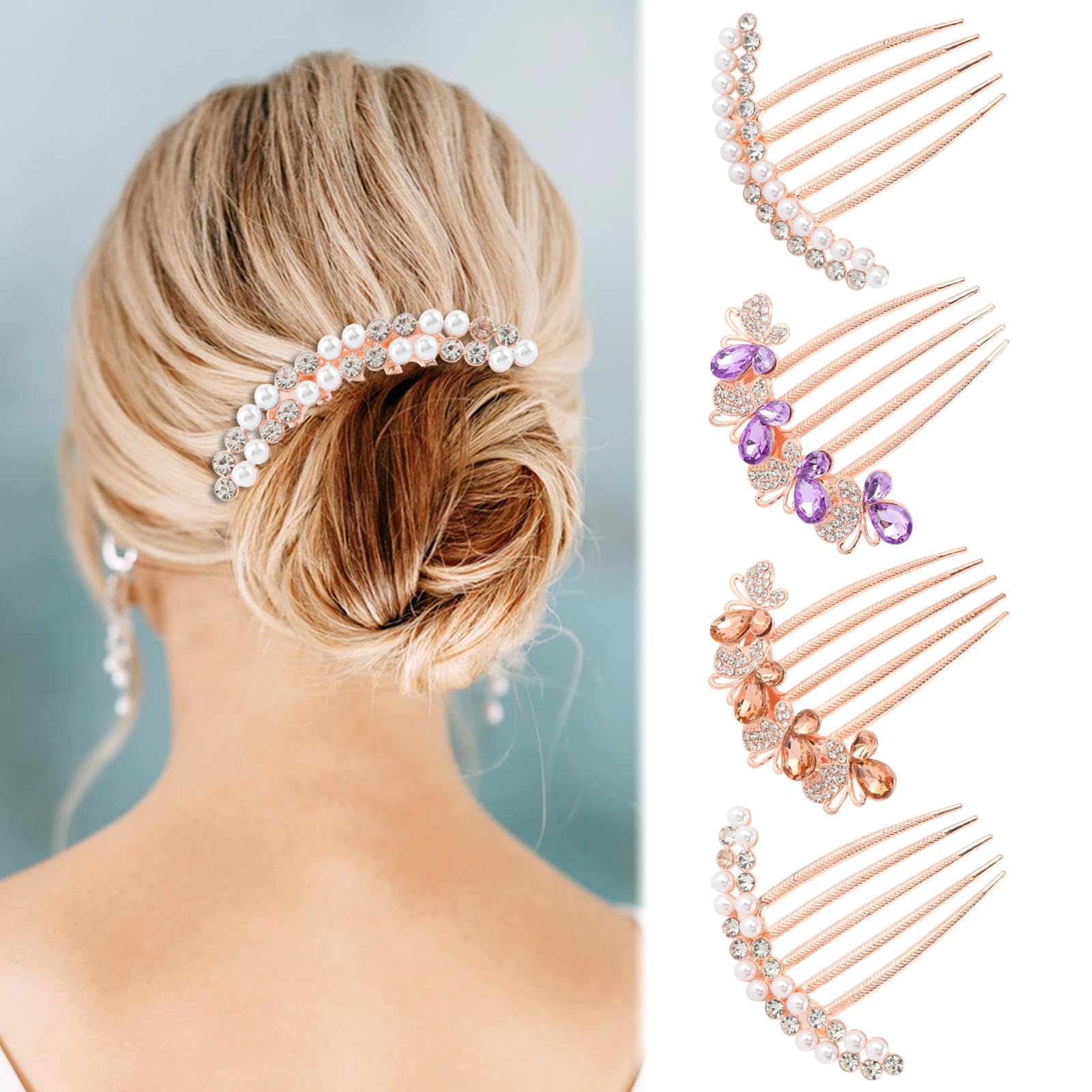 4 Pcs Pearl Rhinestone Hair Combs for Women - Rose Gold Wedding & Party Hair Accessories with Crystal Decorations - Perfect for Bridal, Prom, and Everyday Styling