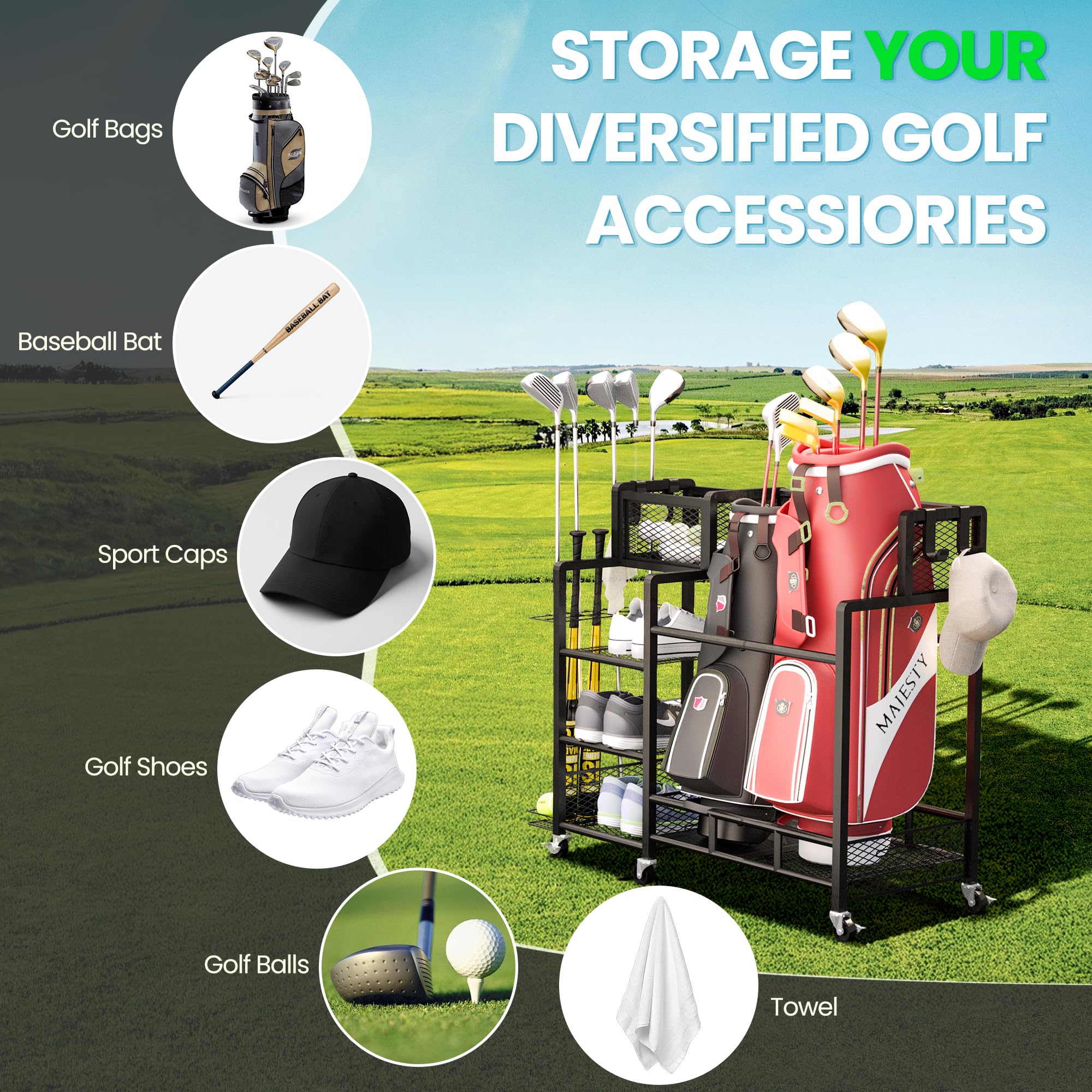 DKLGG Golf Club Storage Rack - Heavy Duty Metal Golf Organizer with Wheels for Garage, Shed & Basement (Black) | Perfect Golf Accessories Storage Solution for Home & Outdoor Use