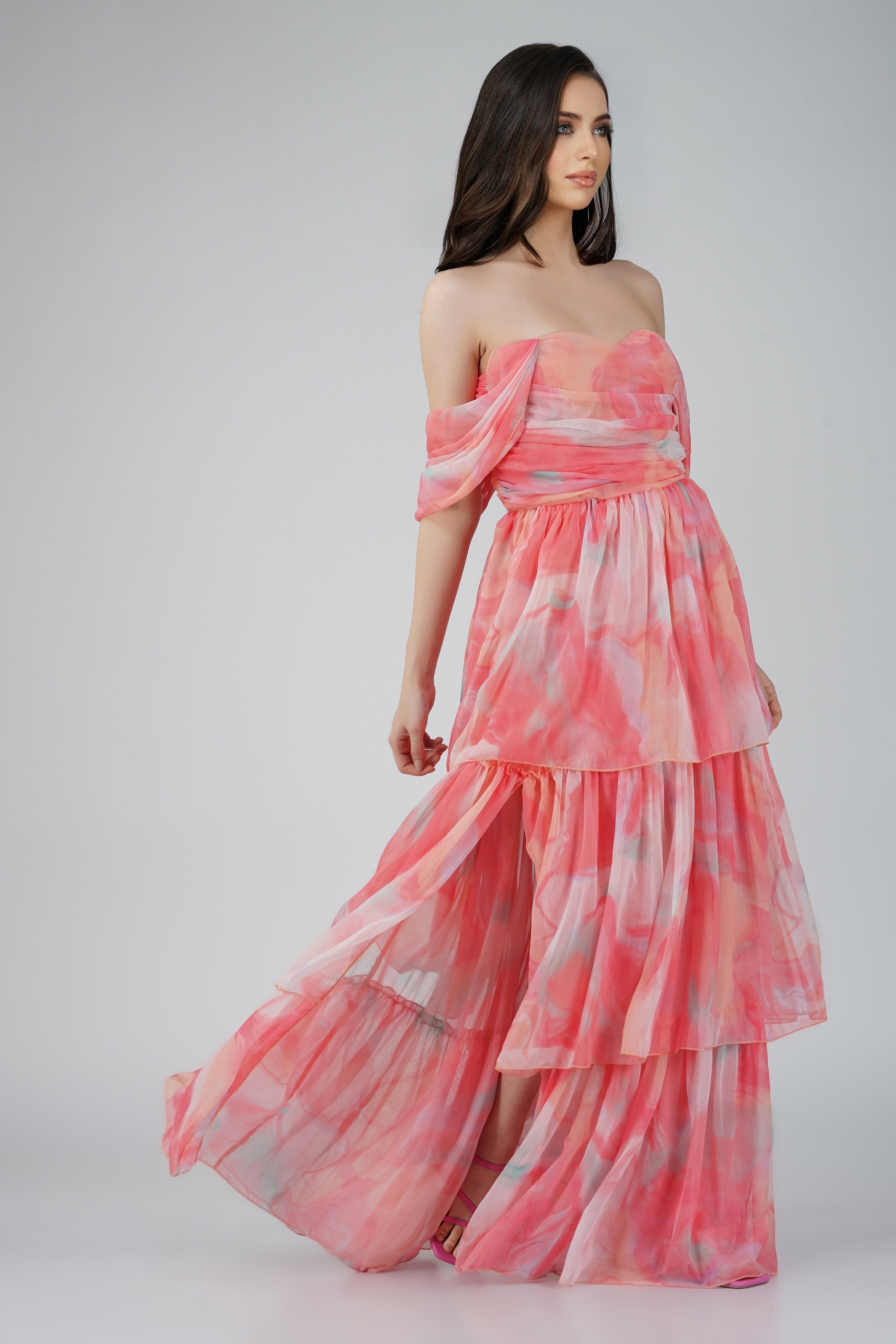 Coral Print Sydney Chiffon Maxi Dress for Women - Elegant Beach Wedding & Summer Party Dress