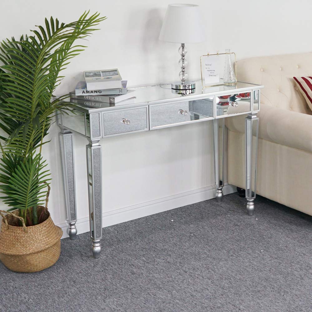 Modern Silver Mirrored Vanity Desk with 3 Drawers - Glass Console Table & Makeup Dressing Table for Bedroom, Living Room, Entryway | Perfect for Makeup Organization, Home Decor & Small Space Solutions