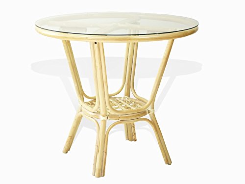 Handmade Natural Rattan Wicker Round Dining Table with Glass Top - Cream Color | Perfect for Patio, Garden, and Boho Home Decor