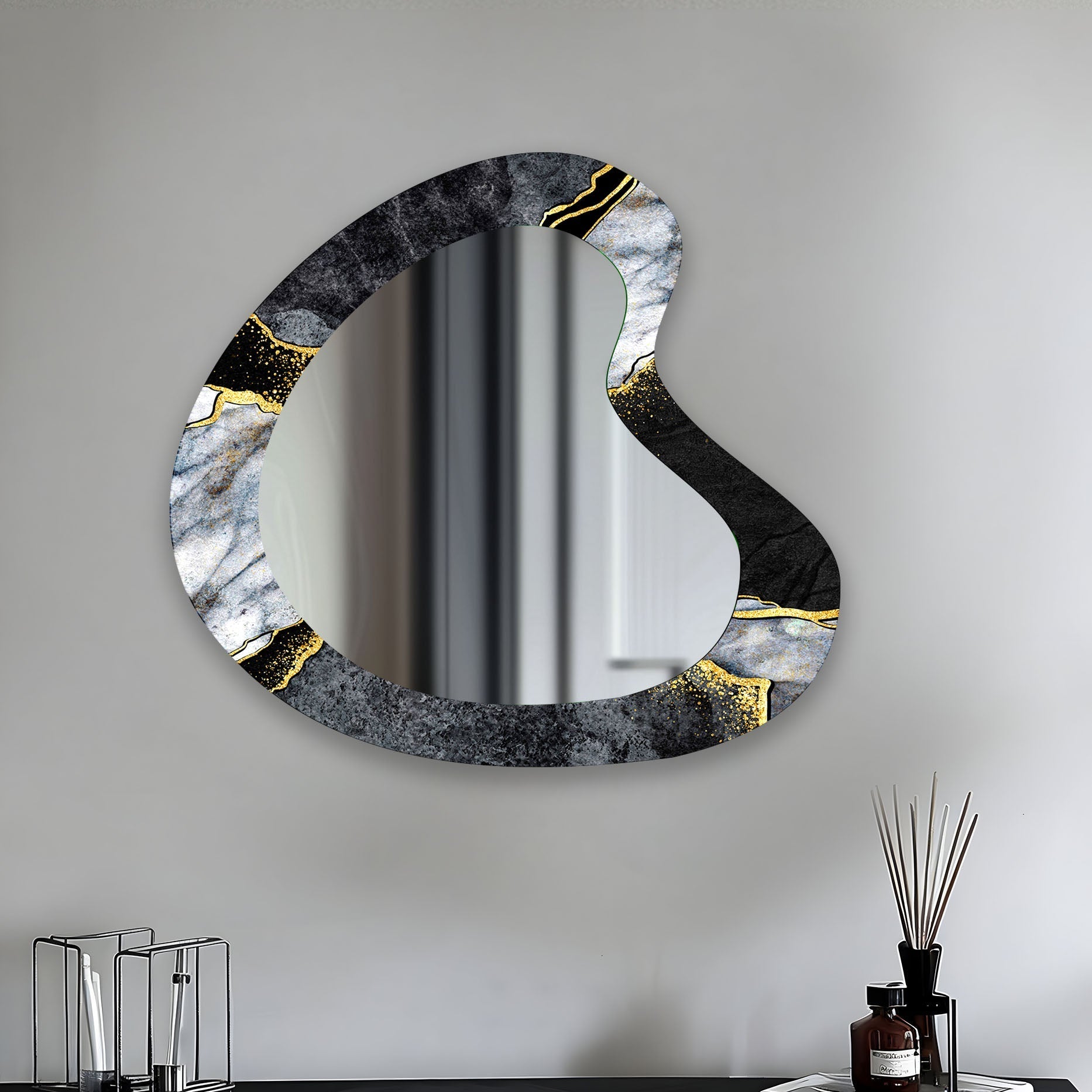 Elegant Black Marble Aesthetic Glass Wall Mirror - Modern Home Decor for Bedroom, Bathroom & Entryway