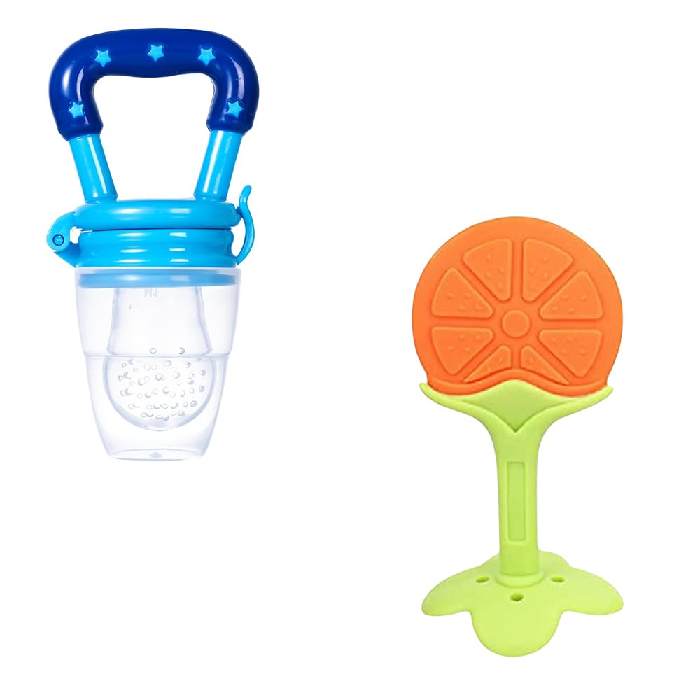 Kritiu BPA-Free Silicone Star Nibbler & Teether Combo - Safe Baby Teething Toy for 0-12 Months | Blue & Yellow | Perfect for Soothing Sore Gums & Introducing First Foods