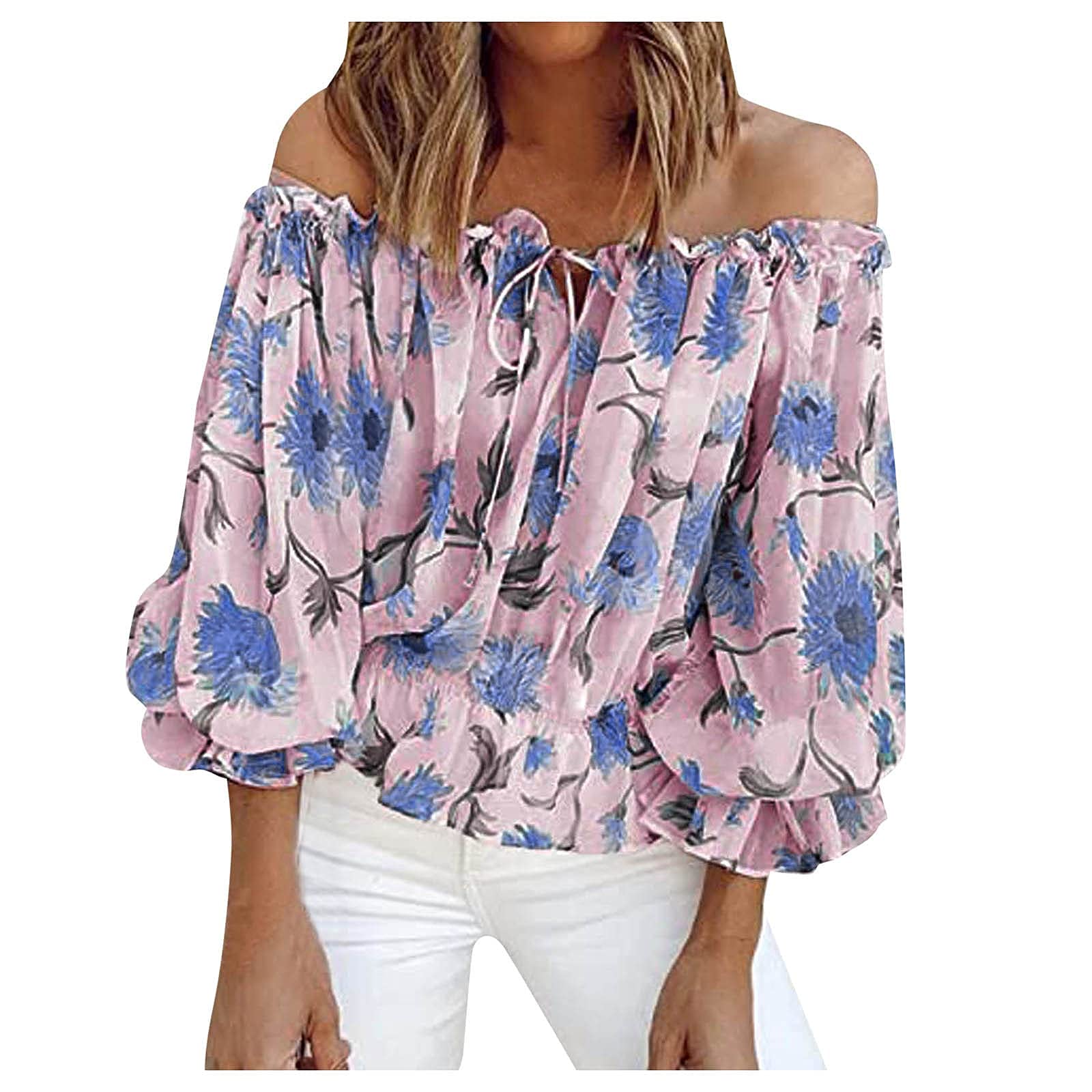Women's Summer Floral Print Off Shoulder T-Shirt - 3/4 Sleeve Chiffon Casual Blouse for Beach, Party & Date Night | Flowy Sexy Tops for Women