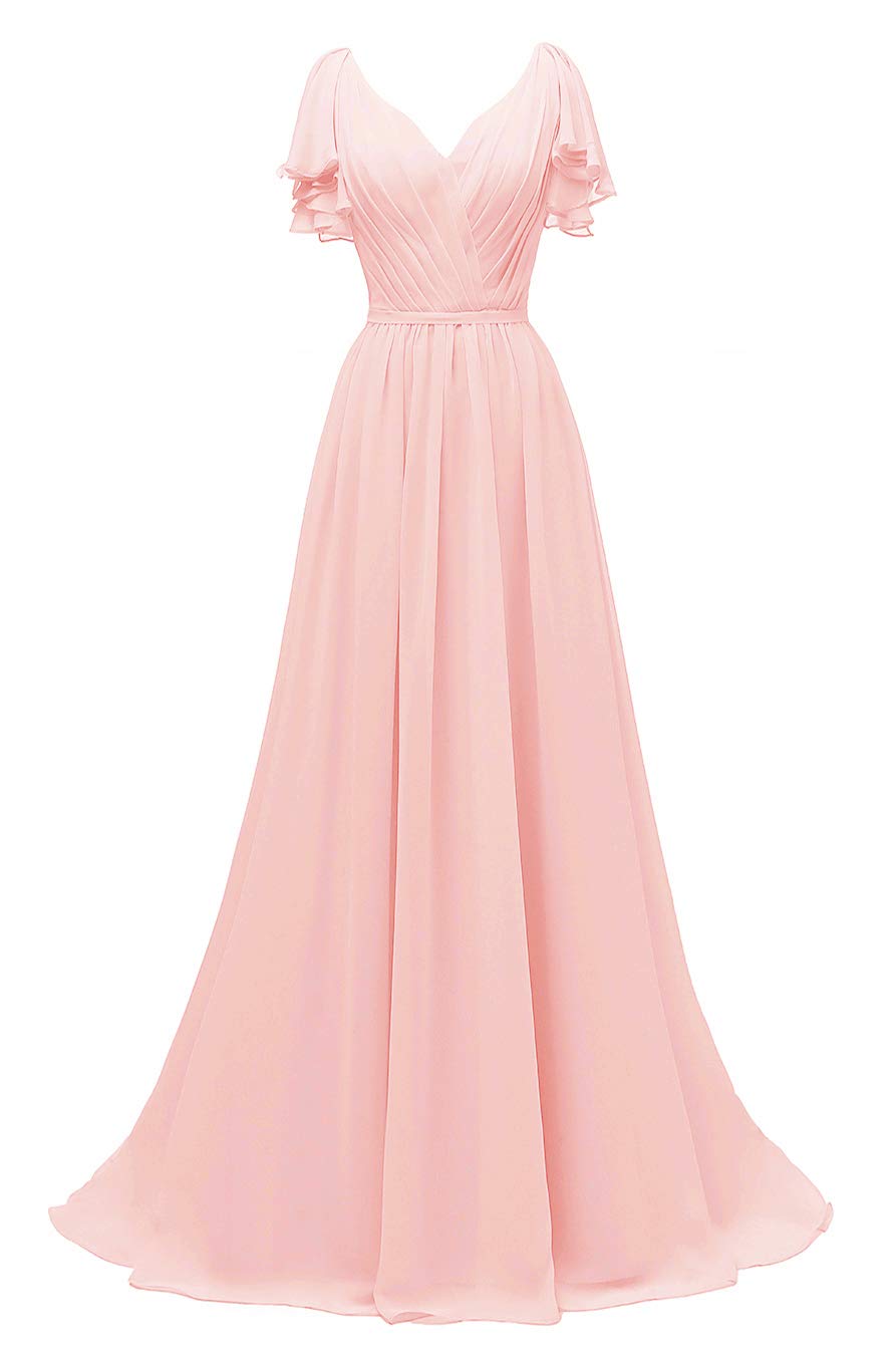 Elegant Ruffle Sleeves Bridesmaid Dress - V-Neck Chiffon Long Formal Wedding Gown for Evening Events | Perfect for Bridal Party, Prom & Special Occasions