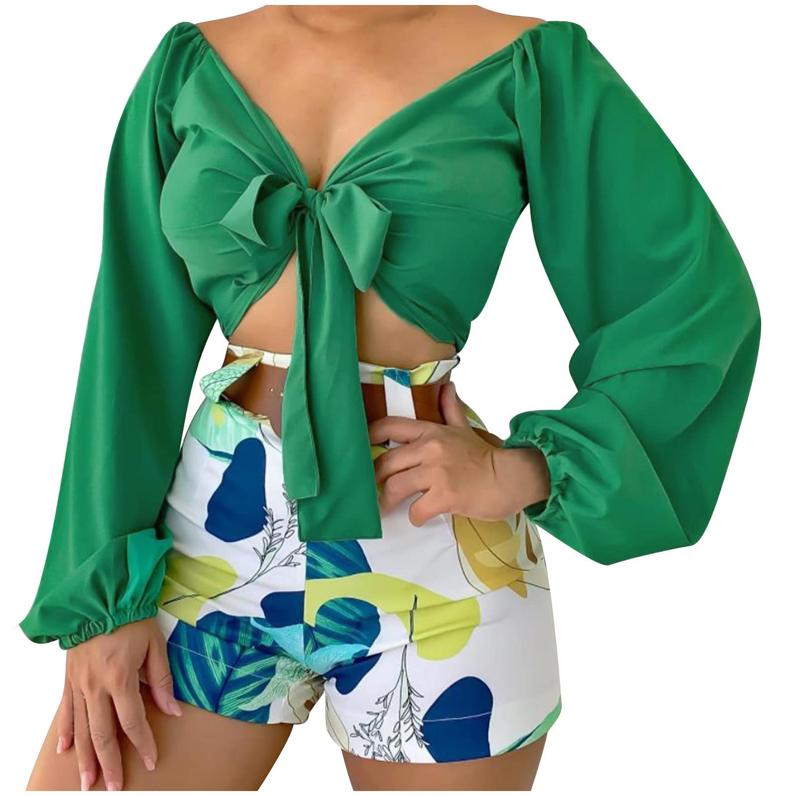 Sexy Long Sleeve Blouse for Women - Puff Sleeve Bow Tie Front Party Top | Nightclub Outing, Date Night, Casual Wear & Gift Idea