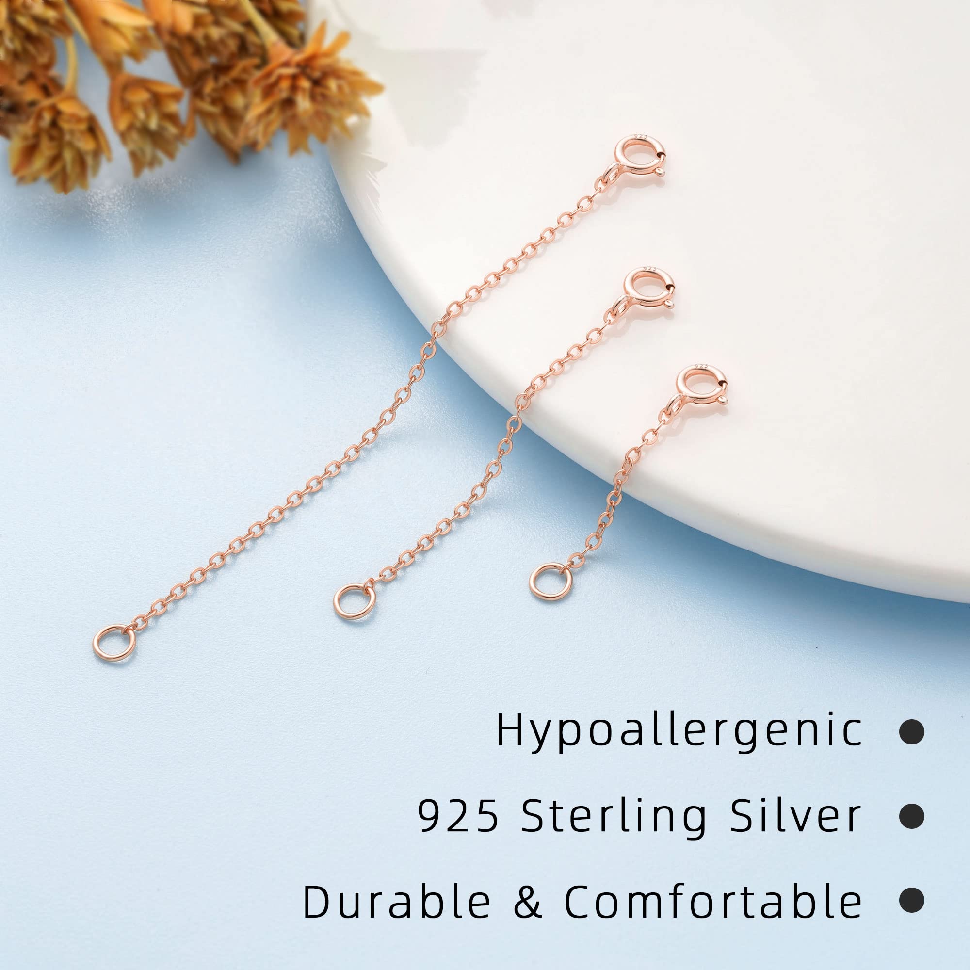 Rose Gold Necklace Extender Chain for Women - 1inch 2inch 3inch Adjustable Sterling Silver Jewelry Extender | Perfect for Layering Necklaces, Pendants & Personalized Gifts