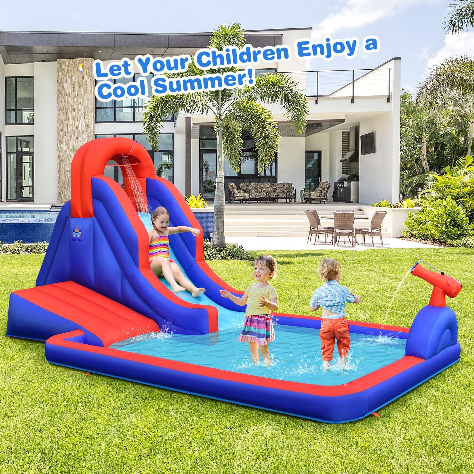 BOUNTECH Inflatable Water Slide for Kids - Outdoor Surfing Waterslide Bouncer Park with Large Splash Pool & 2 Swimming Rings - Fun Backyard Water Slides for Boys and Girls - Perfect for Summer Parties, Birthday Gifts & Outdoor Family Activities