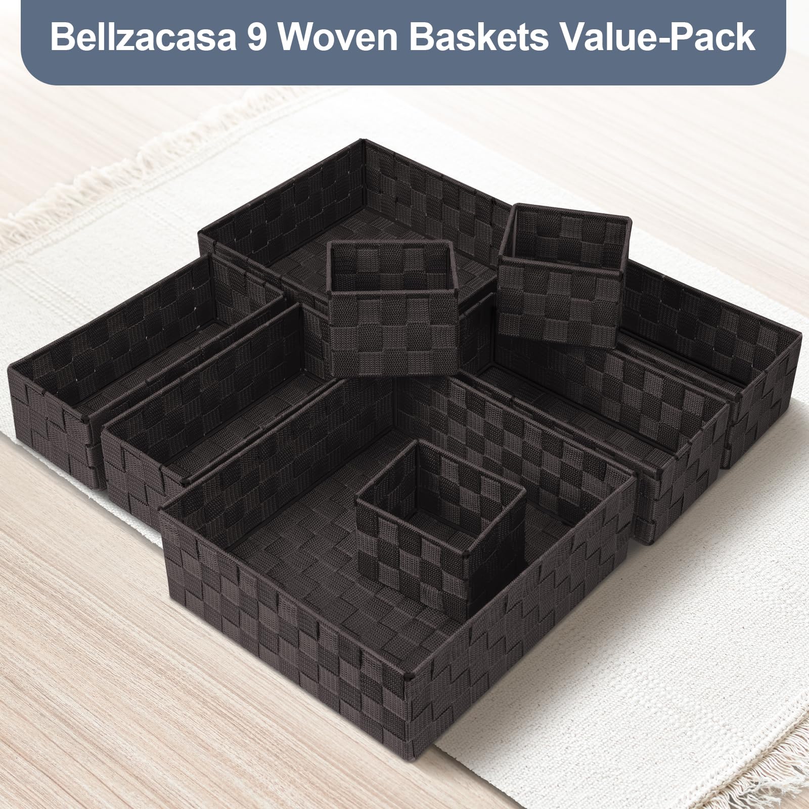 Bellzacasa 9-Piece Woven Storage Basket Set - Brown Cube Bins & Organizer Baskets for Drawer, Shelf, Closet & Bathroom Organization | Home Decor & Space-Saving Storage Solutions