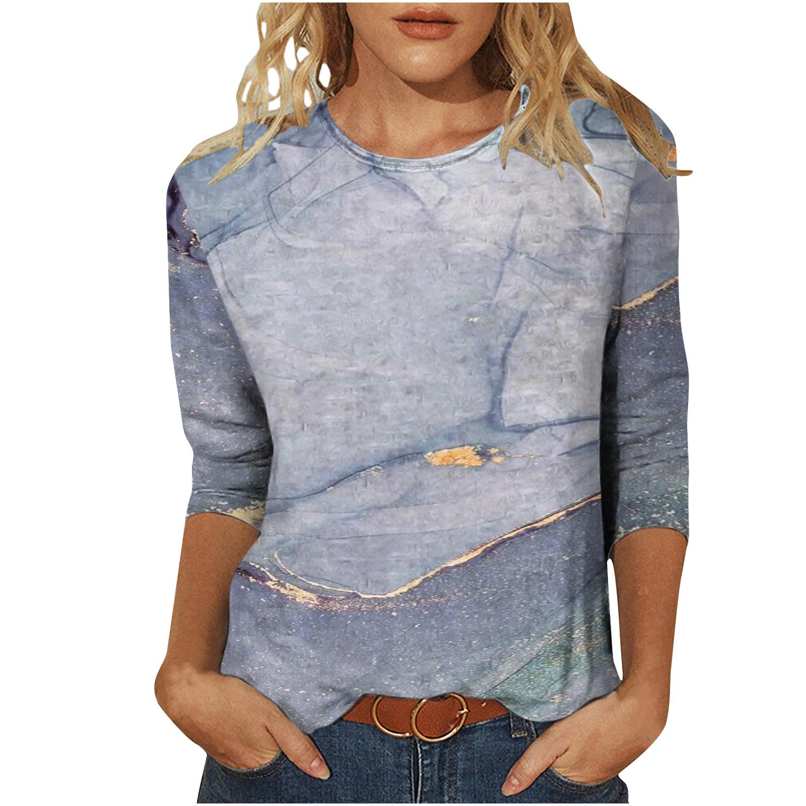 DOLKFU Women's Long Sleeve Tie Dye T-Shirt - Crewneck Fitted Tunic Top for Women - Fall Fashion Blouse for Casual Wear, Work, and Outfits