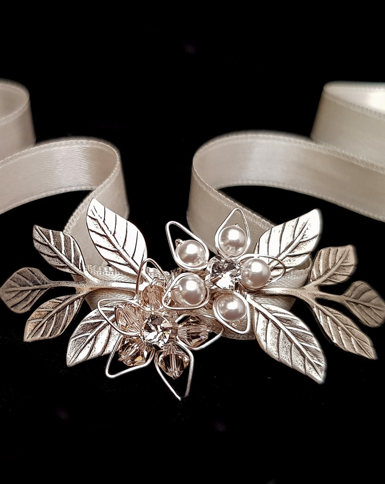 Kezani Jessica Dainty Floral Ribbon Wedding Cuff Bracelet - Elegant Bridal Jewelry for Weddings, Prom & Special Occasions