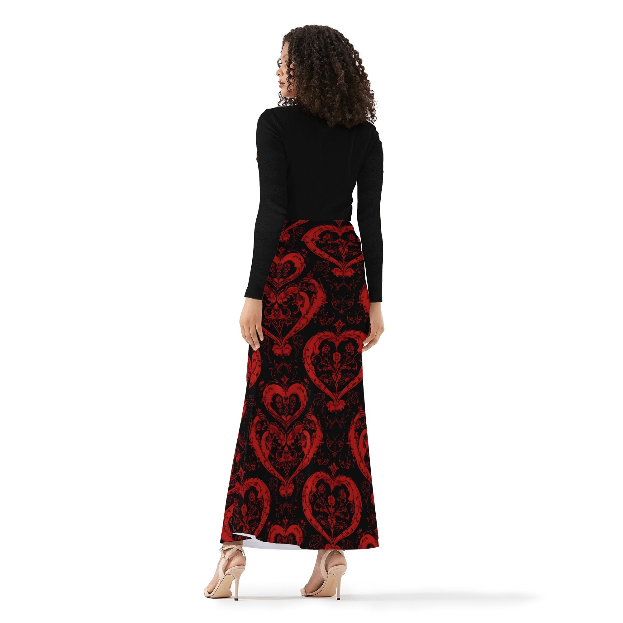 Gothic Red Hearts Women's Wrap Fishtail Long Skirt - Elegant Vintage Style Maxi Skirt for Parties, Date Nights & Gothic Fashion Lovers