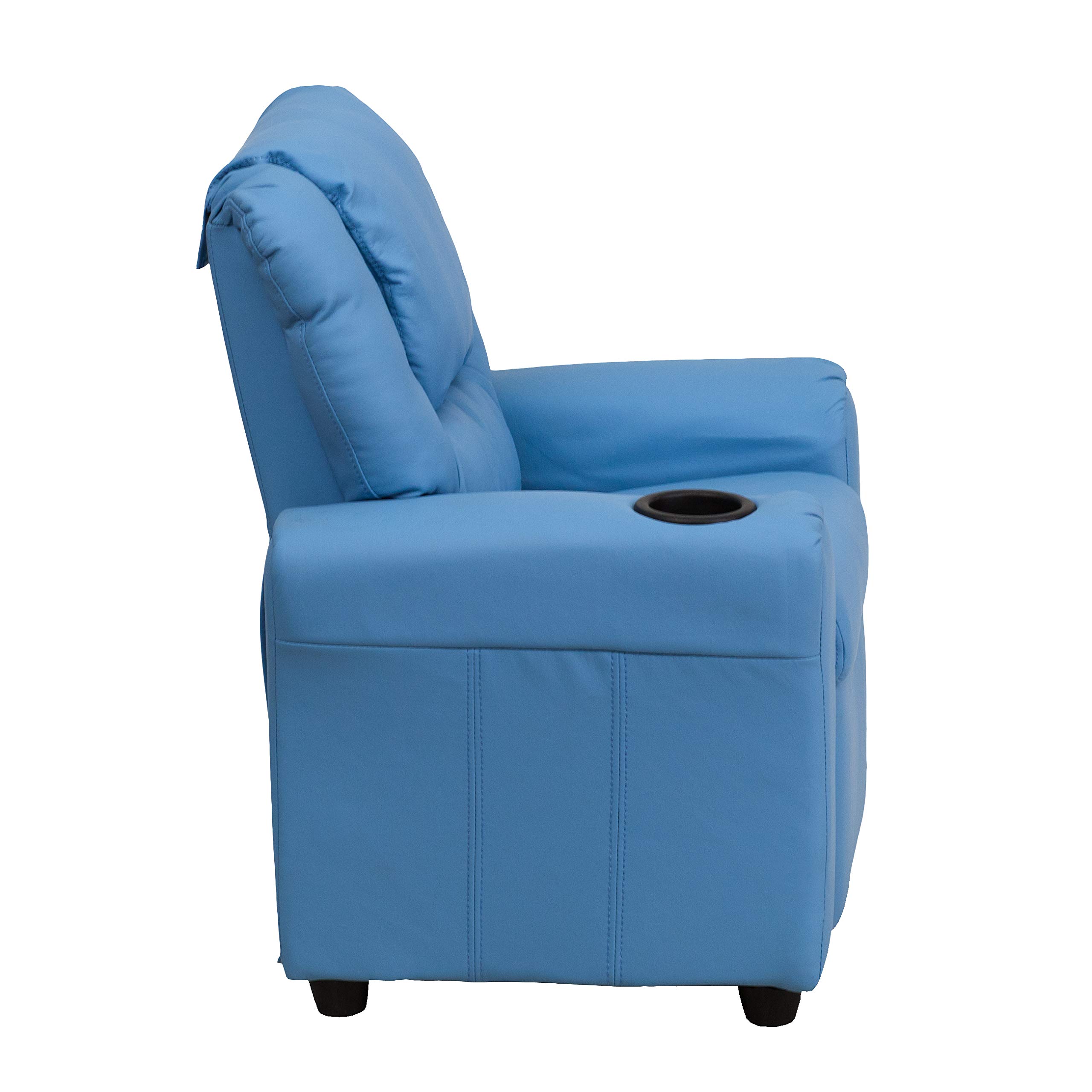Light Blue Vinyl Kids Recliner Chair with Cup Holder & Headrest - Comfortable Lounge Chair for Children's Bedroom, Playroom or TV Room