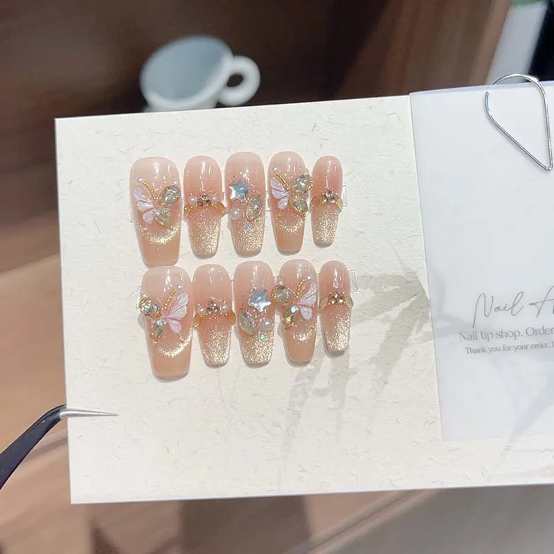 10Pcs Mid-Length Ballet Cat Eye Handmade Gel Nails with Glue - Sweet Mori Girl Nail Art, Shimmery Butterfly Fake Nails for Manicure Tips - Perfect for Parties, Weddings & Daily Wear