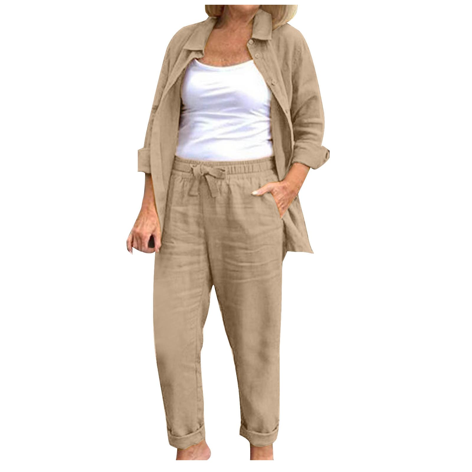 YMADREIG Women's 2-Piece Linen Outfit - Long Sleeve Button Down Shirt & Loose Linen Pants Set | Summer Casual Lounge Wear | Perfect for Beach Vacations, Brunch Dates & Relaxing at Home