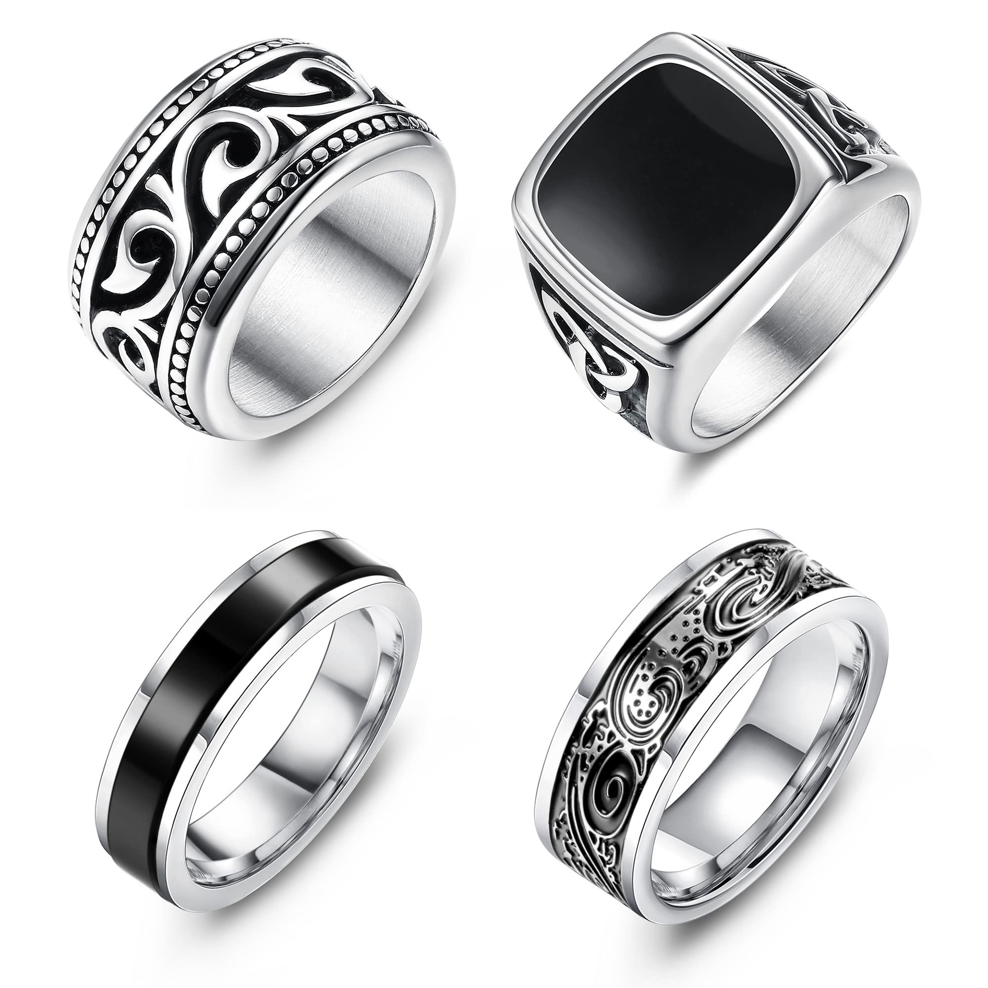 Vintage Stainless Steel Signet Rings for Men - 4Pcs Biker, Celtic Band & Spinner Rings Set in Silver & Gold - Durable Polished Edge Jewelry Gift for Men & Boys - Perfect for Weddings, Parties & Everyday Wear