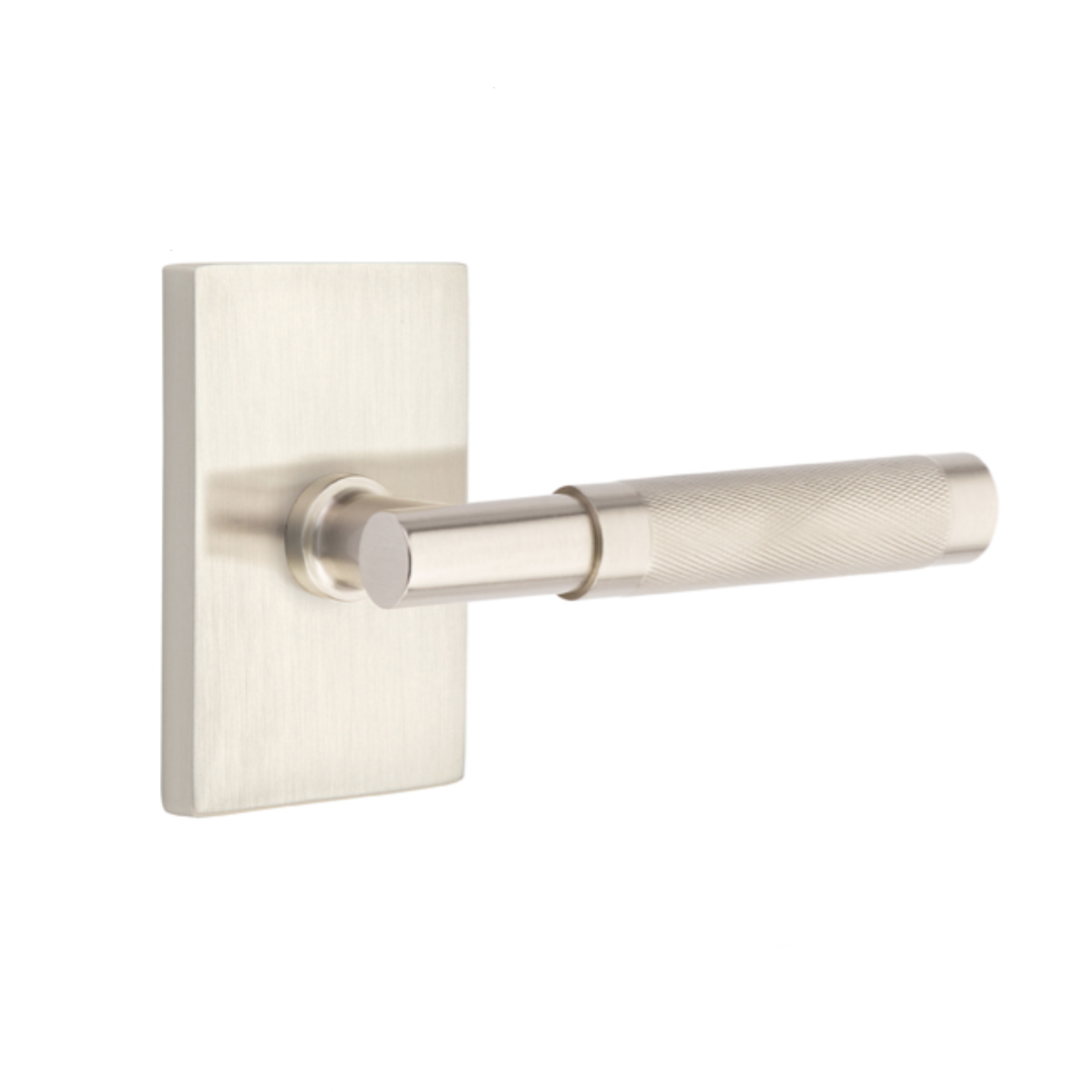 Modern T Bar Knurled SELECT Satin Nickel Door Lever with Rectangular Rosette - Elegant Interior Door Handle for Bedroom, Bathroom, and Office Installation