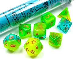 Chessex Lab Dice CHX 30048 Gemini Plasma Green Teal & Orange 7-Piece Polyhedral Dice Set for D&D, RPG, and Tabletop Gaming