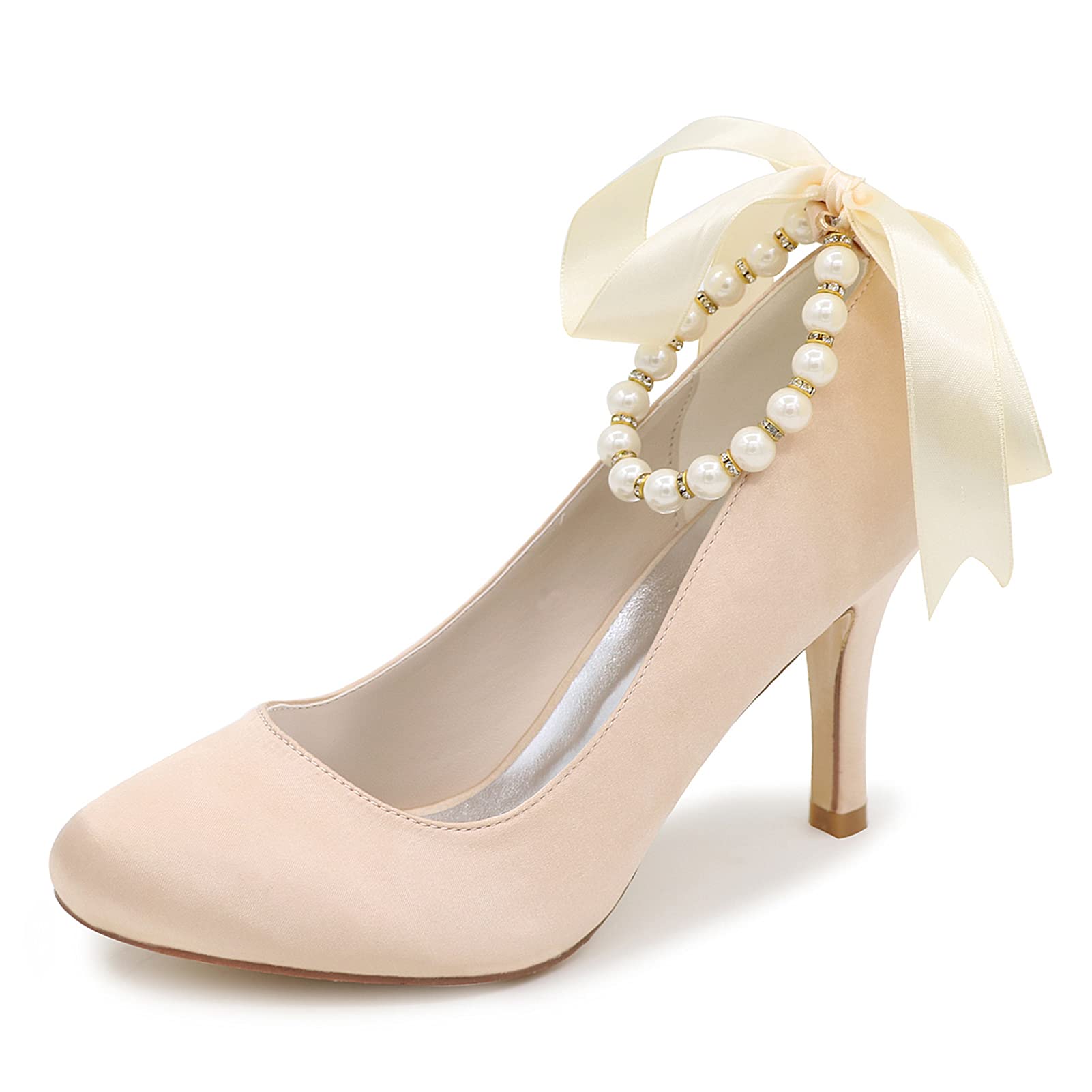 KSTORE Women's Round Toe Satin Bridal Shoes - Elegant Wedding Party Shoes with Pearl Ankle Strap for Bride & Bridesmaids | Perfect for Weddings, Evening Events & Special Occasions