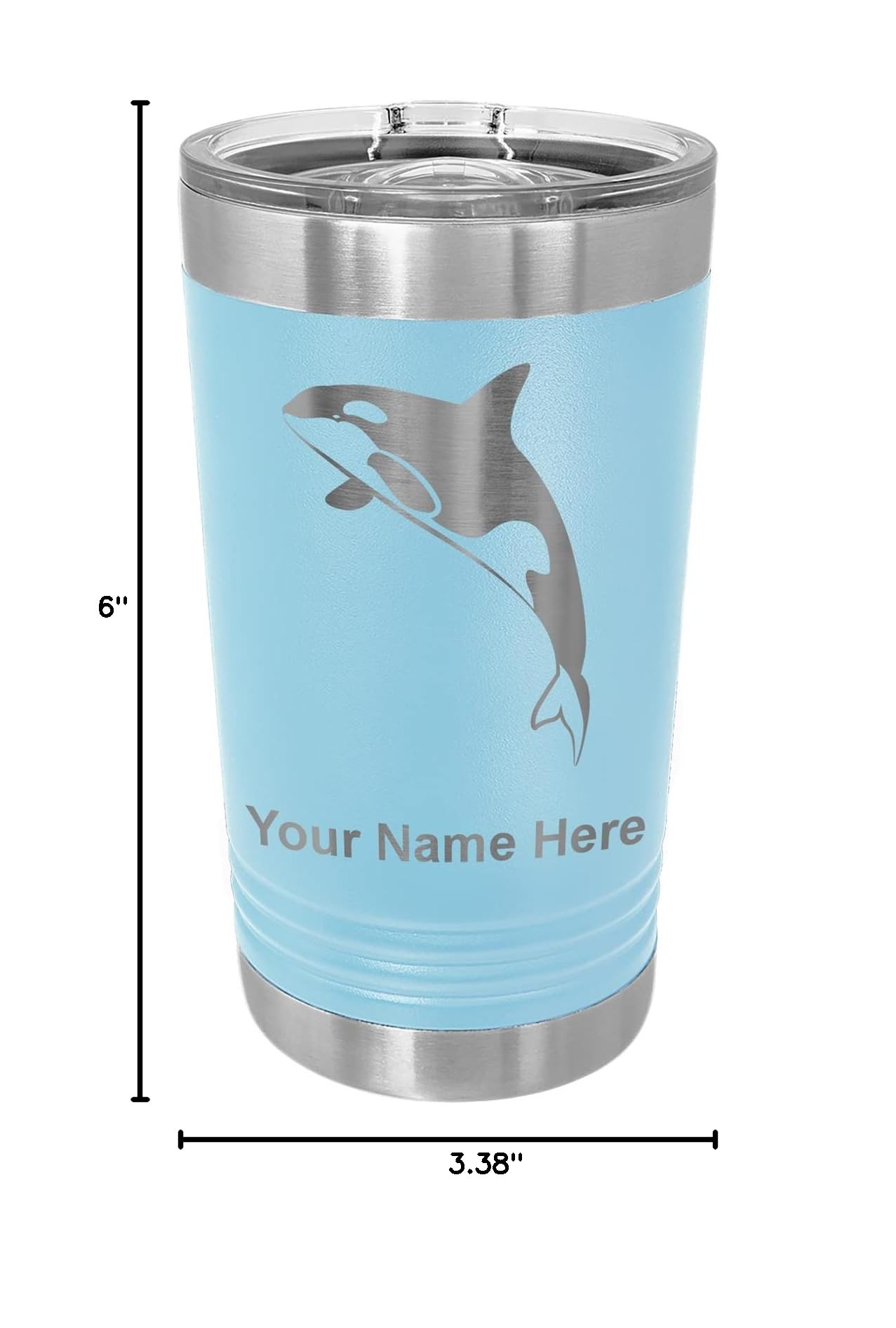 LaserGram 16oz Vacuum Insulated Stainless Steel Tumbler with Lid - Personalized Engraved Killer Whale Design in Light Blue - Keeps Drinks Hot/Cold for Hours - Perfect for Coffee, Tea, Beer & Outdoor Activities