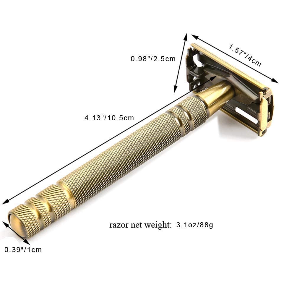 Premium Double Edge Safety Razor for Men & Women - Classic Butterfly Open Design with Bronze Long Handle & 5 Stainless Steel Blades | Reusable Metal Brass Manual Shaver with Close Comb | Perfect for Wet Shaving, Travel & Gift Giving