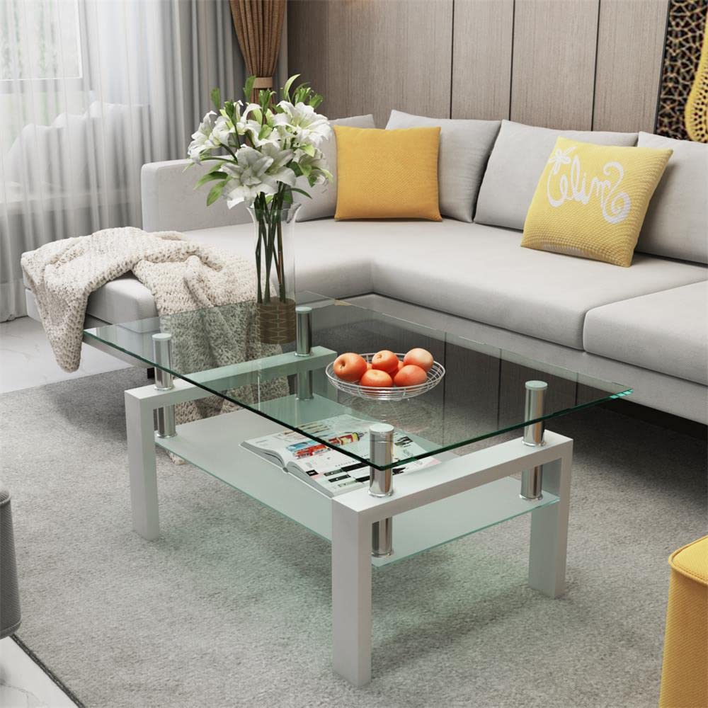 KeKe Glass Coffee Table - Rectangular White Transparent Side Table for Living Room, Easy to Clean Modern Furniture | Perfect for Small Spaces, Apartments & Home Decor