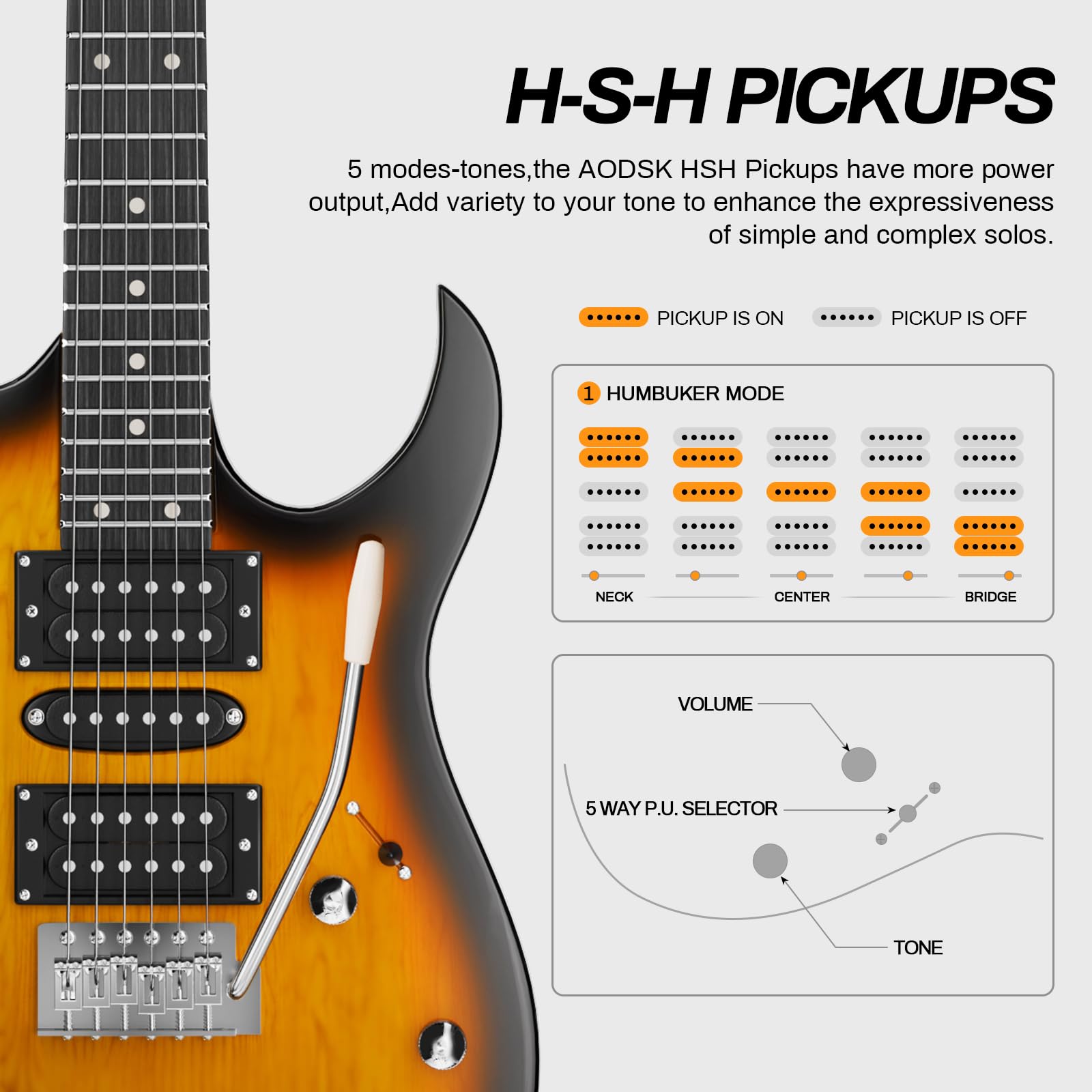 AODSK 39 Inch Full Size Solid Body Electric Guitar Starter Kit with Amp, Digital Tuner, 6 Strings, 4 Picks, Tremolo Bar, Strap & Gig Bag (Sunburst-HSH) – Perfect for Beginners, Practice, Live Performance & Home Studio Recording