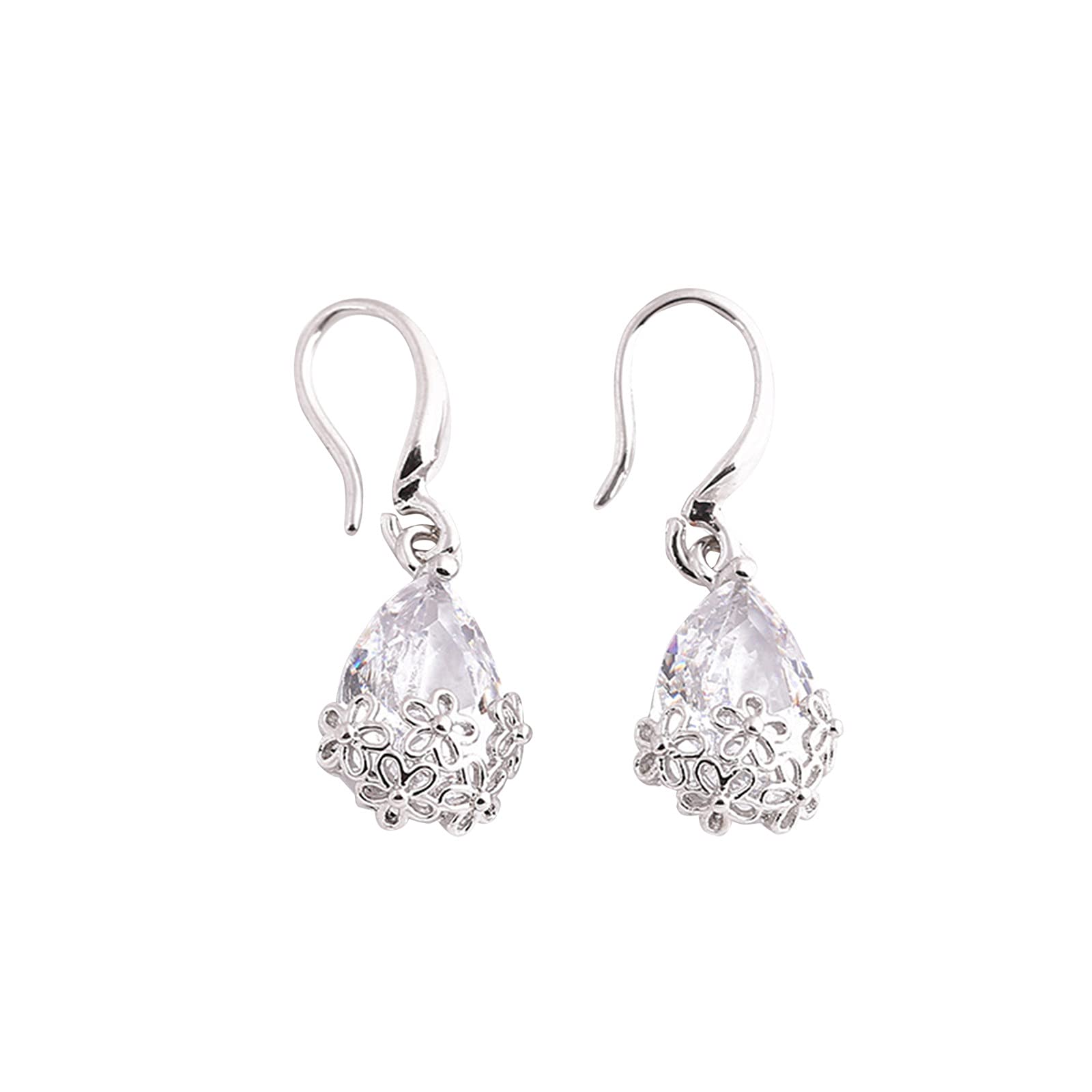 AGOUNOD Silver-Plated Zirconia Flower Drop Earrings - Hollow Hook Design Wooden Stud Jewelry for Women | Perfect for Weddings, Parties & Everyday Wear (Silver)