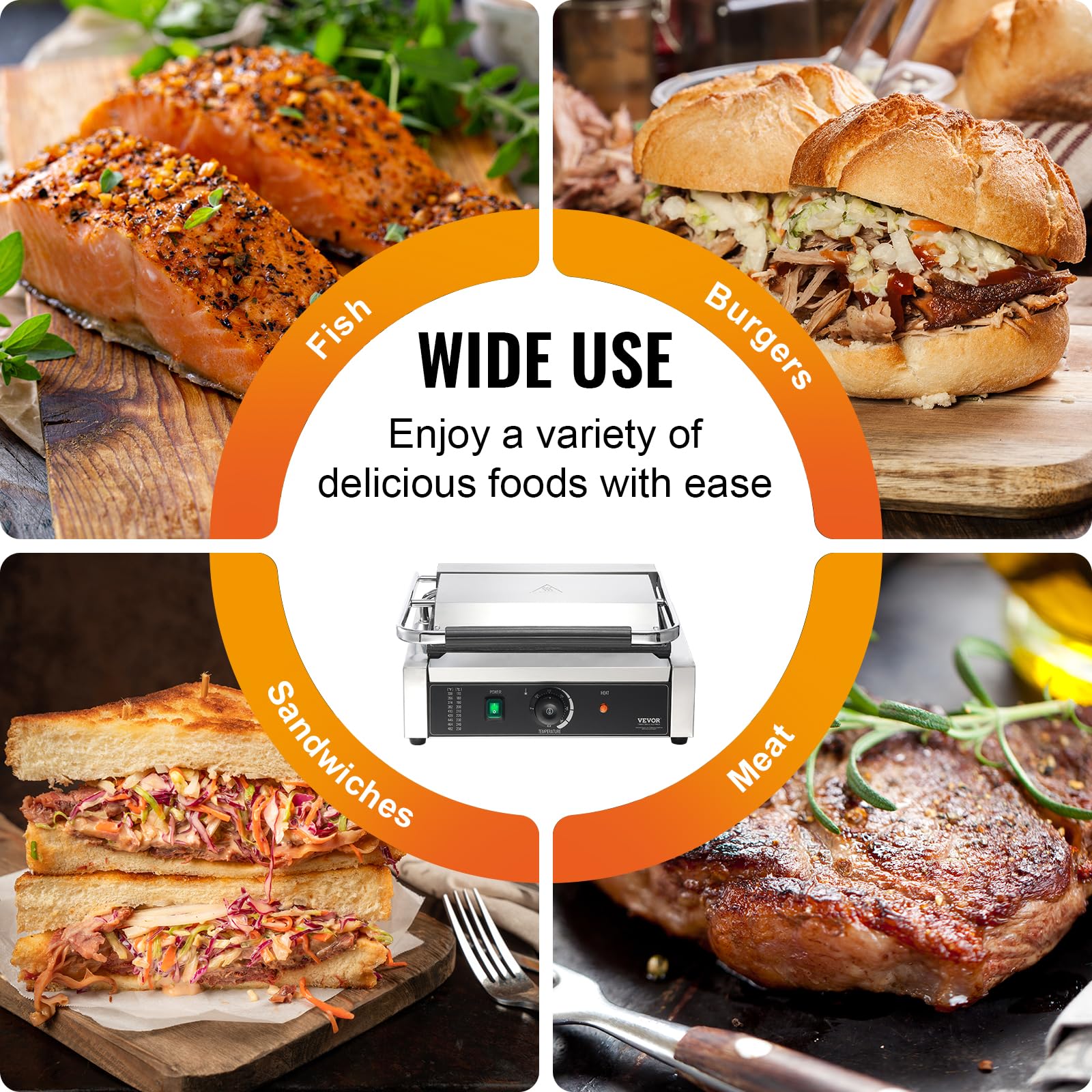 VEVOR 1800W Commercial Panini Grill Press - Stainless Steel Electric Sandwich Maker with Temperature Control & 14