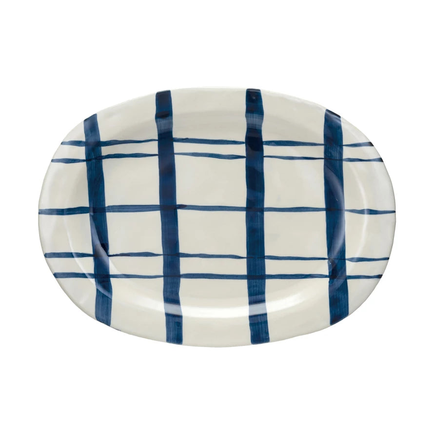 Blue Plaid Oval Platter - Elegant Ceramic Serving Dish for Charcuterie, Cheese & Appetizers | Perfect for Parties, Picnics & Holiday Entertaining