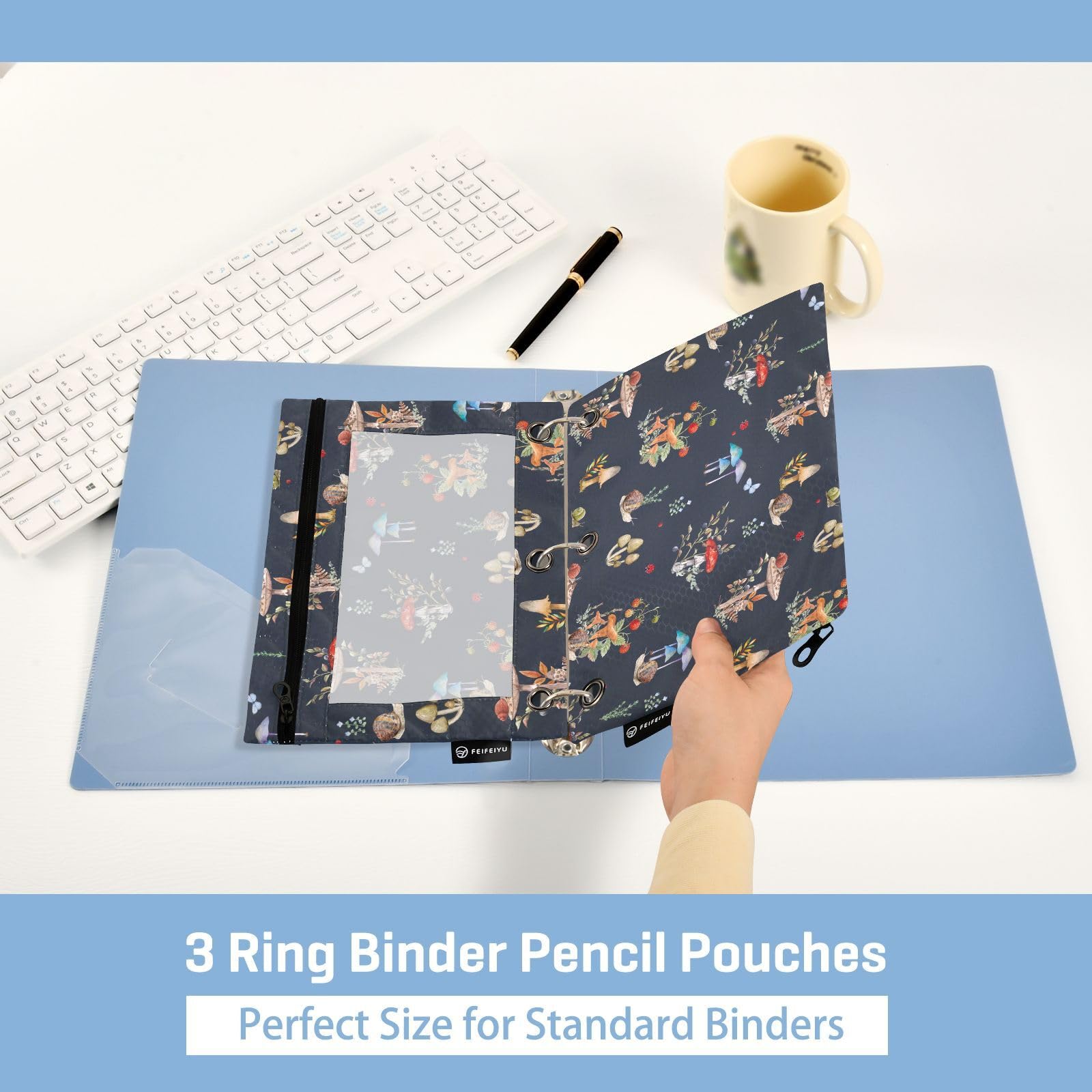 3 Ring Binder Pencil Pouch 2 Pack - Mushroom Snail Design Zippered Pencil Case, Clear PVC Binder Pockets for School, Office & Daily Organization Supplies | Perfect for Backpacks, Notebooks & Stationery Storage