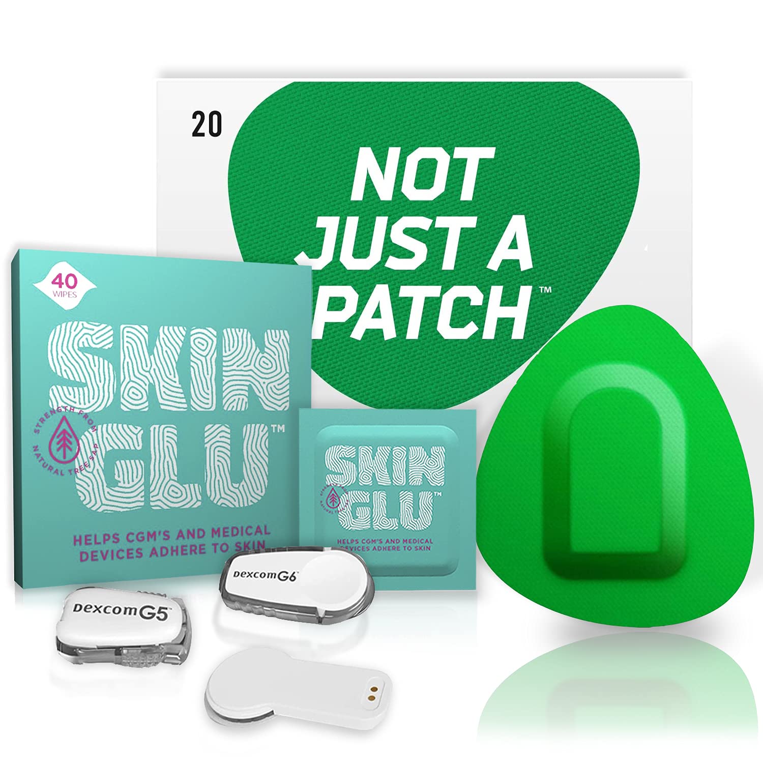 Dexcom G4 G5 G6 & MiaoMiao Compatible CGM Adhesive Patches with Skin Glu - 20 Green Sensor Patches & 40 Barrier Wipes for Secure Diabetes Monitoring - Ideal for Active Lifestyles & Waterproof Protection