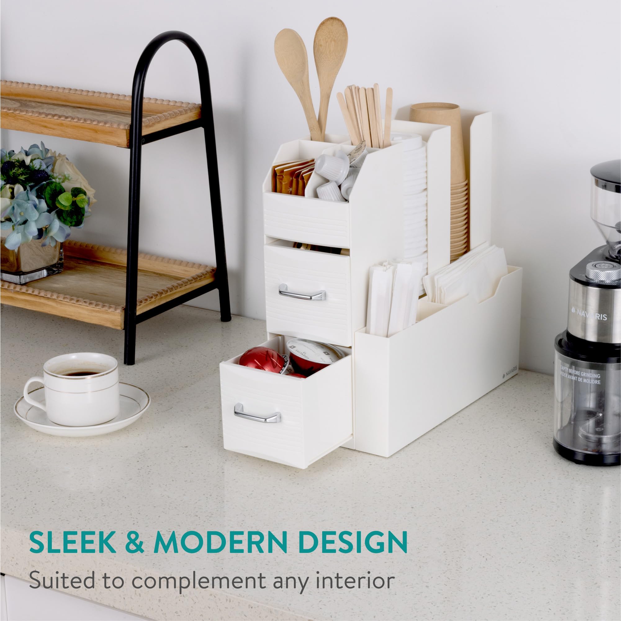 Navaris Cream Coffee Station Organizer - Tea & Coffee Storage Organizer with Multiple Compartments - Perfect for Kitchen Countertop, Office Desk, Bar Cart & Home Decor - Ideal for Coffee Lovers & Entertaining Guests