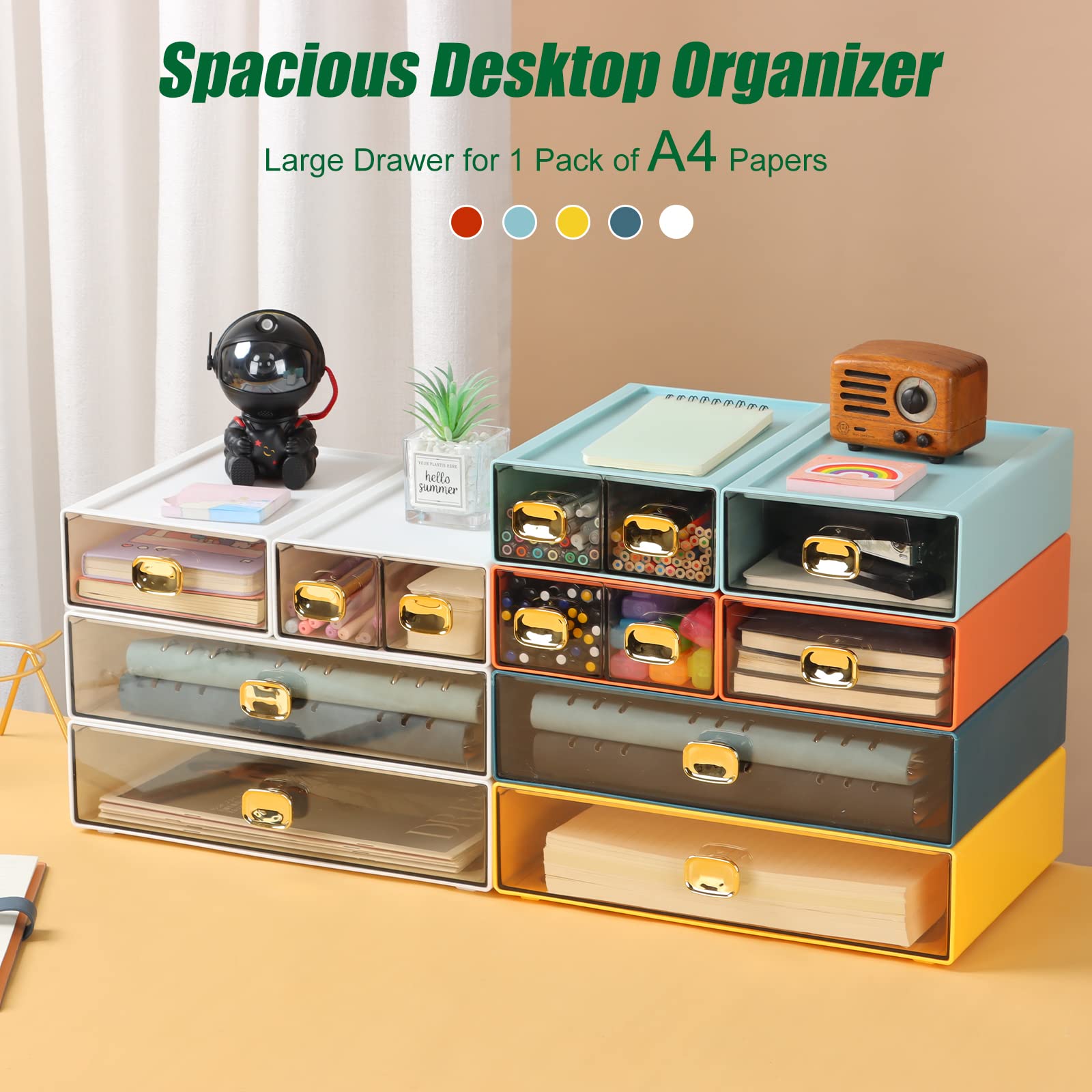 Spacious Desktop Storage Box with 2 Large Drawers - Stackable Office Desk Organizer for Printer Paper & Accessories - Blue & Cyan Plastic Drawers for Workspace & Home Organization | Perfect for Office Supplies, Craft Storage & Home Office Setup