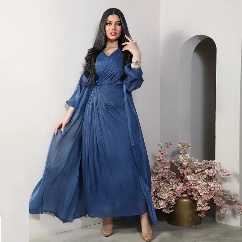 2 Piece Set Bright Satin Open Abaya Dress with Inner Sleeveless Dress - Muslim Prayer Dress, Eid Outfit, Ramadan Fashion, Modest Evening Wear for Women