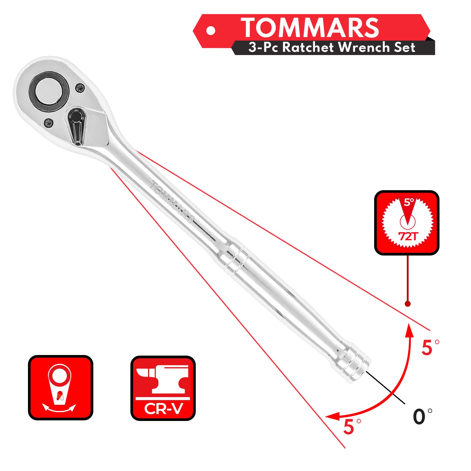 TOMMARS 72-Tooth Ratchet Socket Wrench Set - 1/4