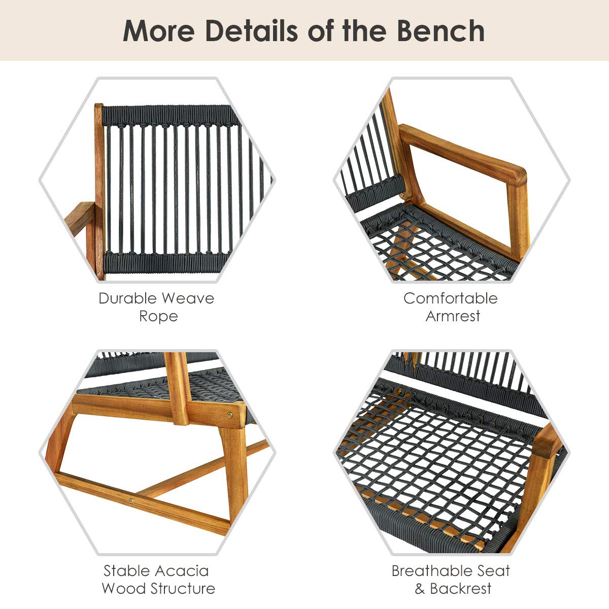 Tangkula 2-Person Acacia Wood Outdoor Bench Loveseat with Rope Design & Teak Oil Finish - Patio, Balcony, Deck, Poolside & Porch Seating (Grey) - Perfect for Garden Relaxation & Backyard Lounging
