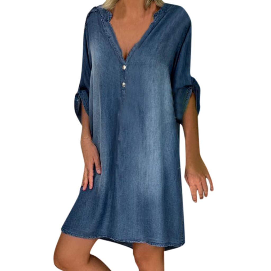 Vintage Blue Denim Button Up Shirt Dress for Women - Short Sleeve Jean Shift Dress - Perfect for Casual Outings, Summer Picnics & Boho Style