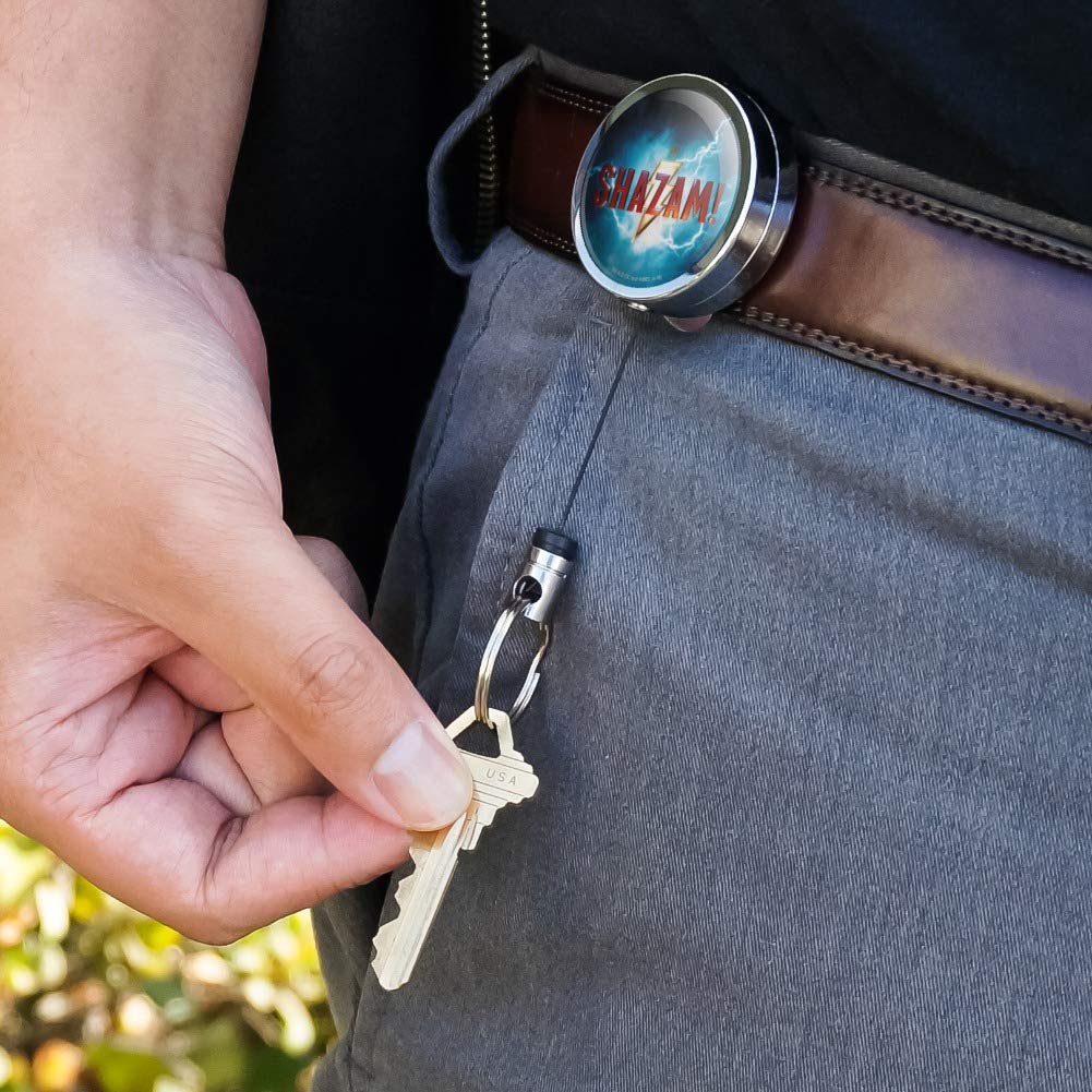 Shazam! Movie Logo Heavy Duty Metal Retractable ID Badge Holder - Key Card Reel with Belt Clip for Work Security, Events & Cosplay