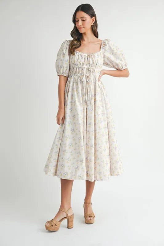 Floral Puff Sleeve Midi Summer Dress for Women - Boho Flowy Beach Dress with Ruffle Hem, Perfect for Vacation, Wedding Guest & Outdoor Parties