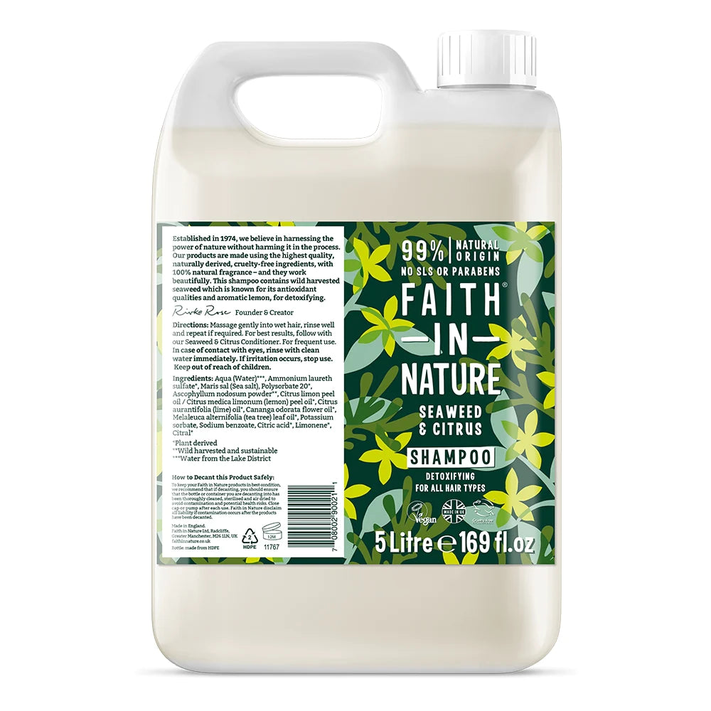 Faith In Nature Seaweed & Citrus Shampoo Refill 5L - Natural Vegan Hair Care for Dry & Damaged Hair - Perfect for Salons & Eco-Conscious Homes