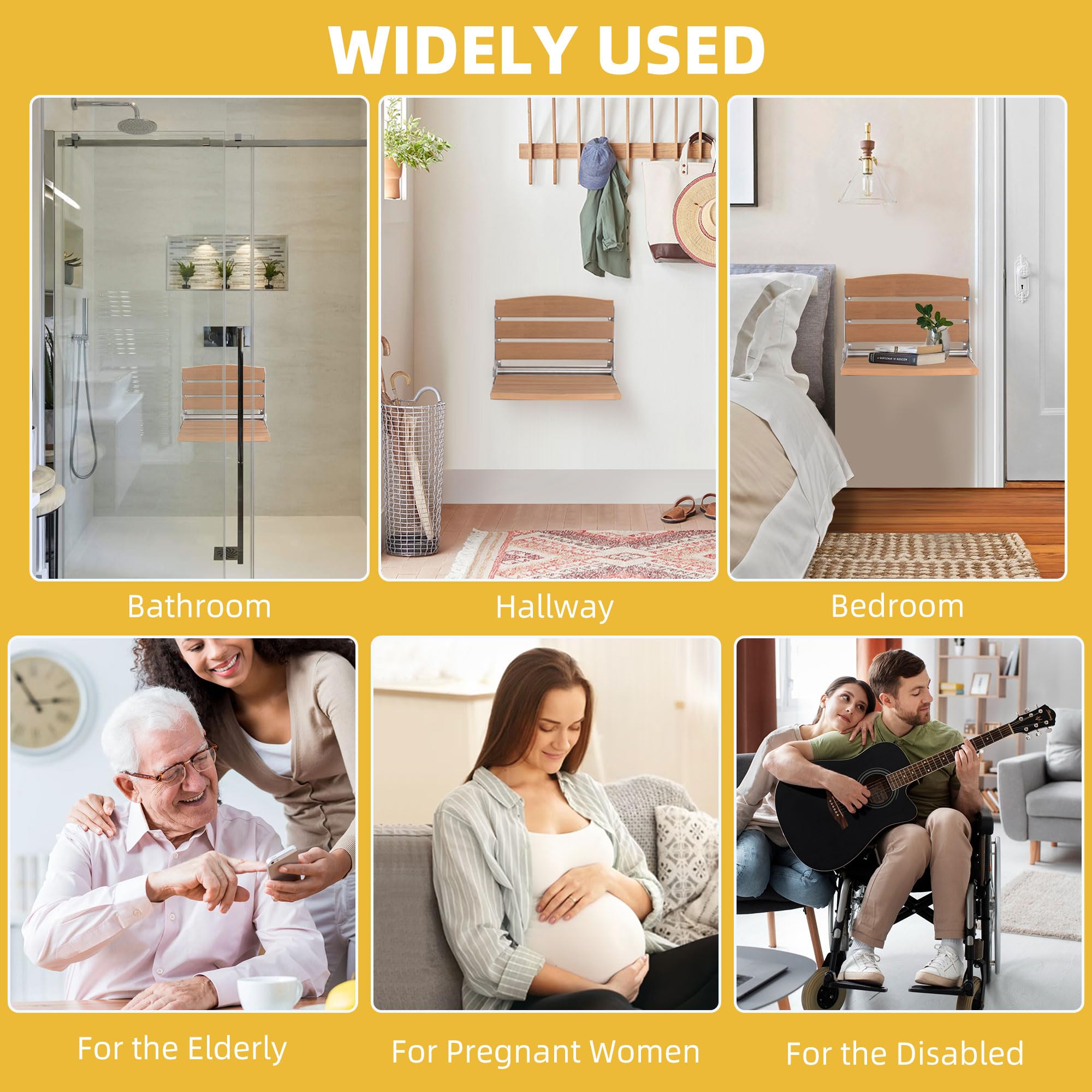 DWVO Foldable Shower Seat - Wall Mounted Shower Bench with Teak Wood - Adjustable Folding Shower Chair for Elderly, Disabled & Pregnant Women - Bathroom Safety Seat for Seniors Care, Home Accessibility & Spa Relaxation