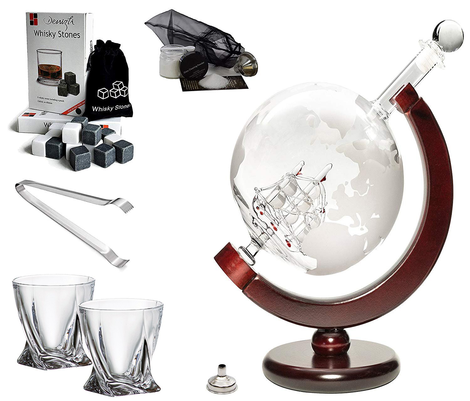 Premium 50oz Large Globe Whiskey Decanter Set with Diamond-Cut Glasses - Handcrafted Home Bar Accessories for Bourbon, Scotch & Liquor - Perfect for Entertaining, Gifts & Elegant Home Decor