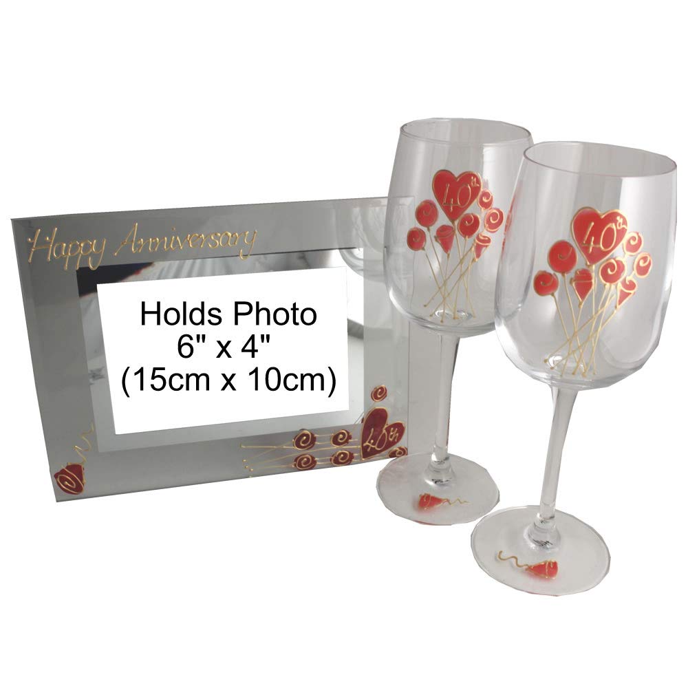 Dreamair 40th Ruby Wedding Anniversary Gift Set - Elegant Wine Glasses & Photo Frame for Couples | Perfect for Anniversary Celebrations, Romantic Dinners & Memorable Gifts