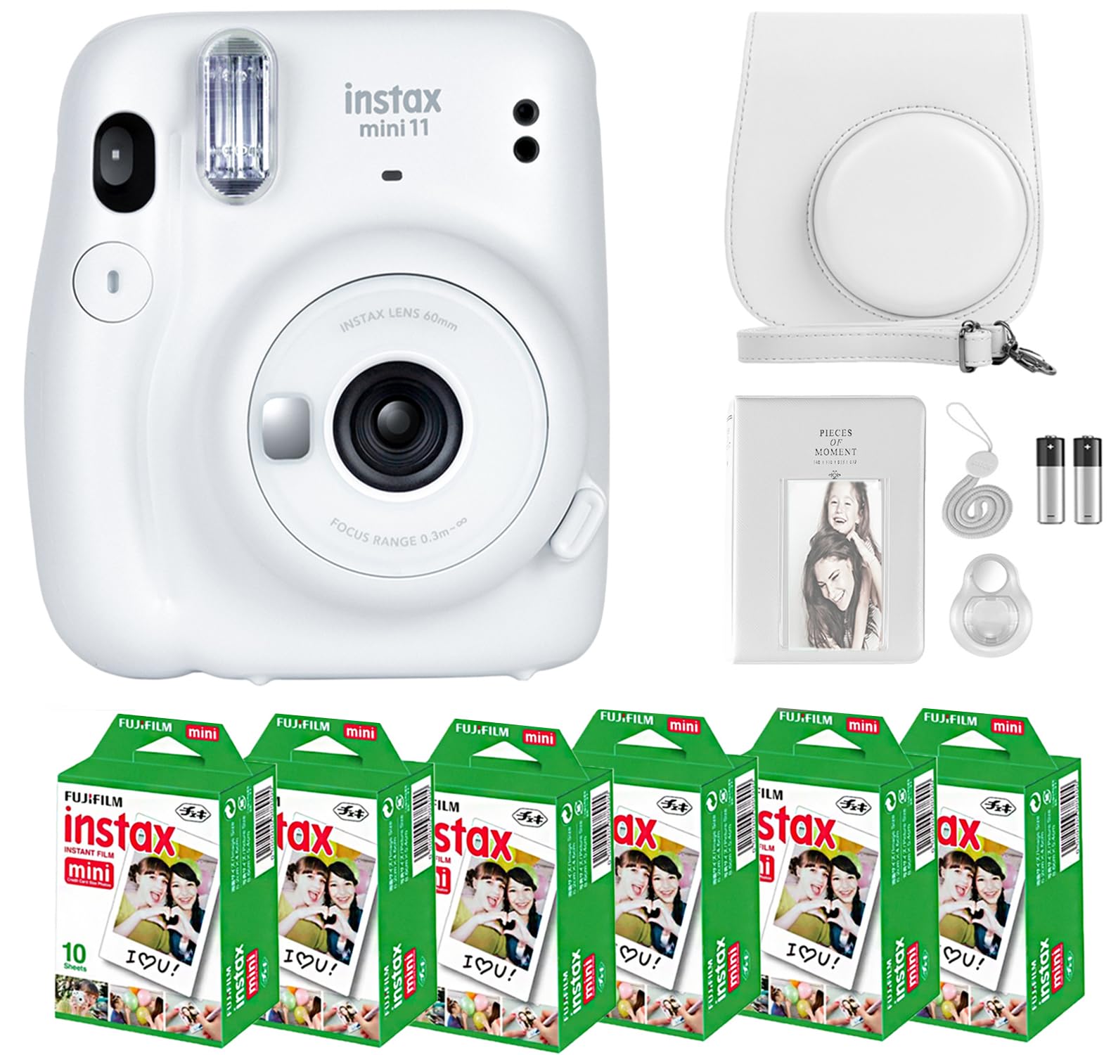 Fujifilm Instax Mini 11 Instant Camera Bundle with 60 Sheets Mini Film, Carrying Case, Selfie Lens, Photo Album & Stickers (Ice White) - Perfect for Travel, Parties, Weddings & DIY Scrapbooking
