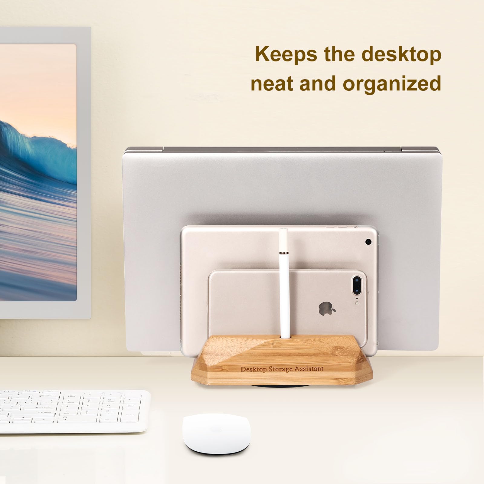 Vertical Wood Laptop Stand with 3 Slots - Walnut Laptop Holder for MacBook, Surface Pro, Samsung, HP, Dell, Chromebook - Perfect for Desk Organization and Space Saving