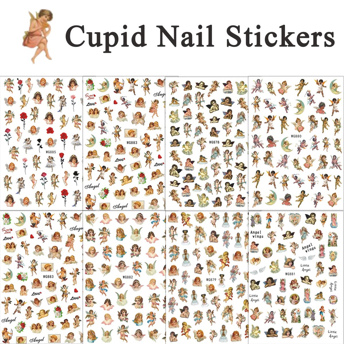 8 Sheets 3D Angel Nail Art Stickers - Self Adhesive Nail Decals with Cupid, Rose Flowers, Wings & Heart Designs for Women & Girls - Perfect for DIY Manicure, Nail Art Supplies & Party Decoration