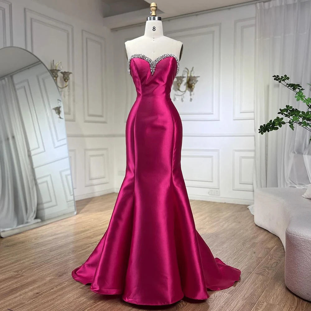Serene Hill Fuchsia Mermaid Mikado Satin Balloon Sleeve Evening Gown for Women - Elegant Wedding Party Dress 2025 LA71923 | Perfect for Prom, Bridesmaid, and Formal Events
