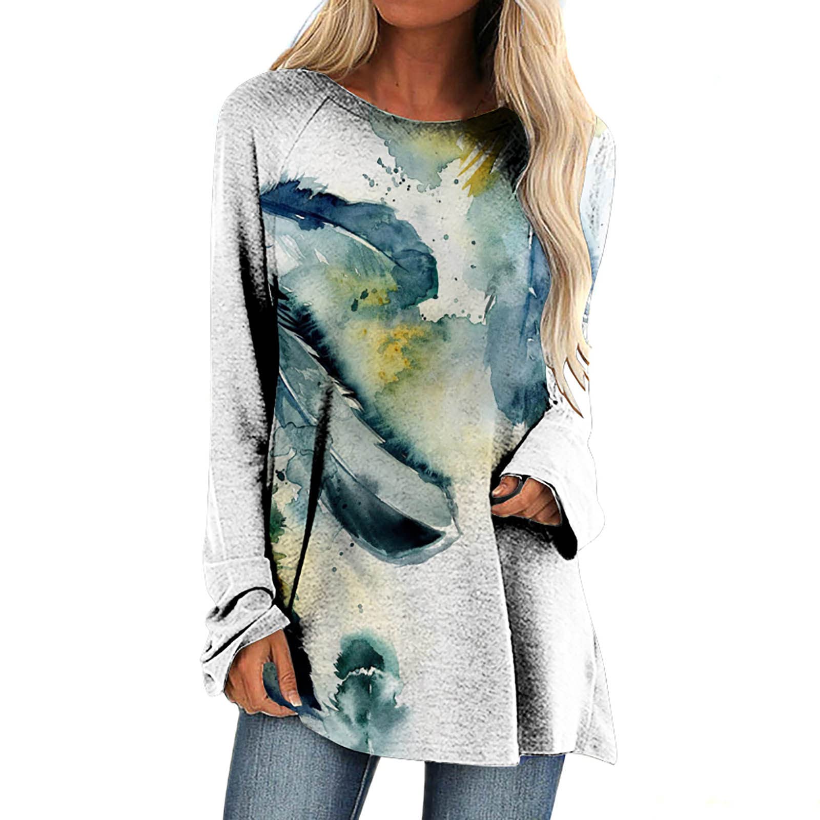 Wirziis Women's Fashion Feather Print Long Sleeve Tunic Top - Casual Loose Fit Crewneck Shirt for Leggings | Perfect for Work, Weekend Outfits & Layering